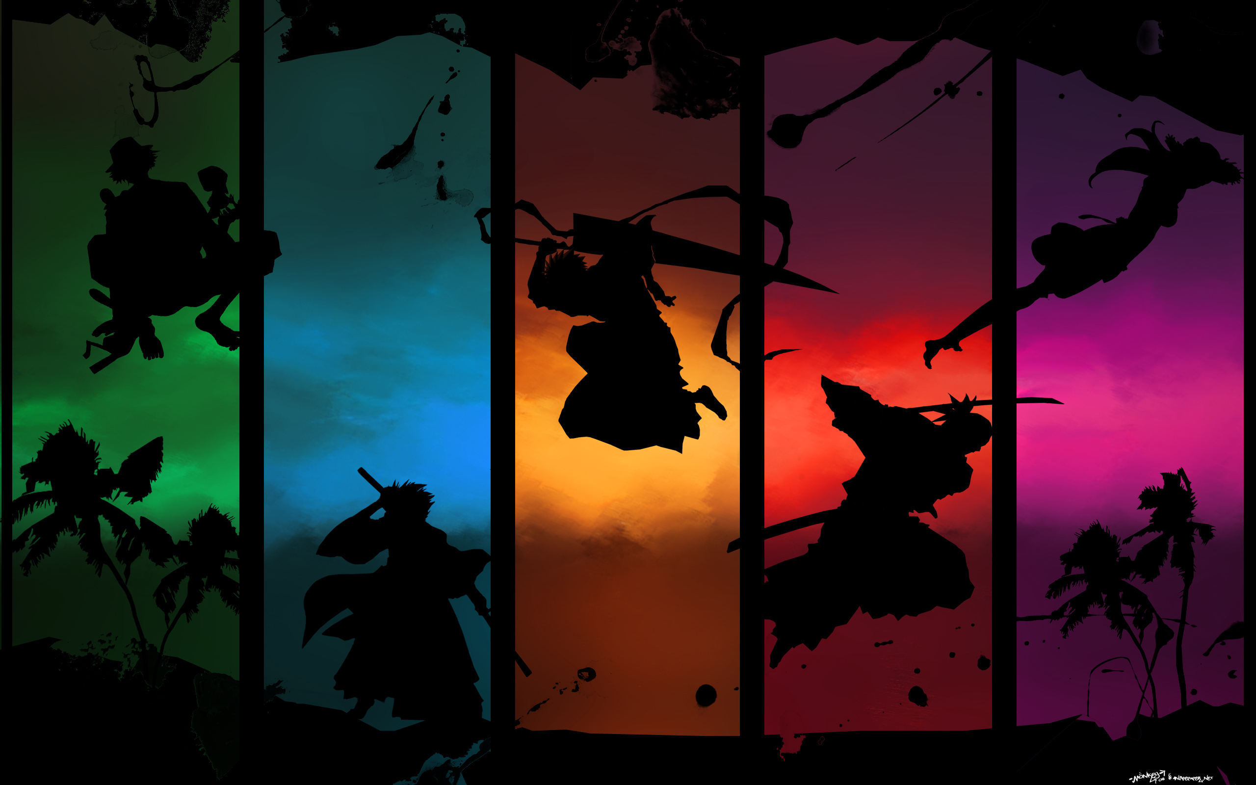 Bleach characters in silhouette against colorful backgrounds HD Wallpaper