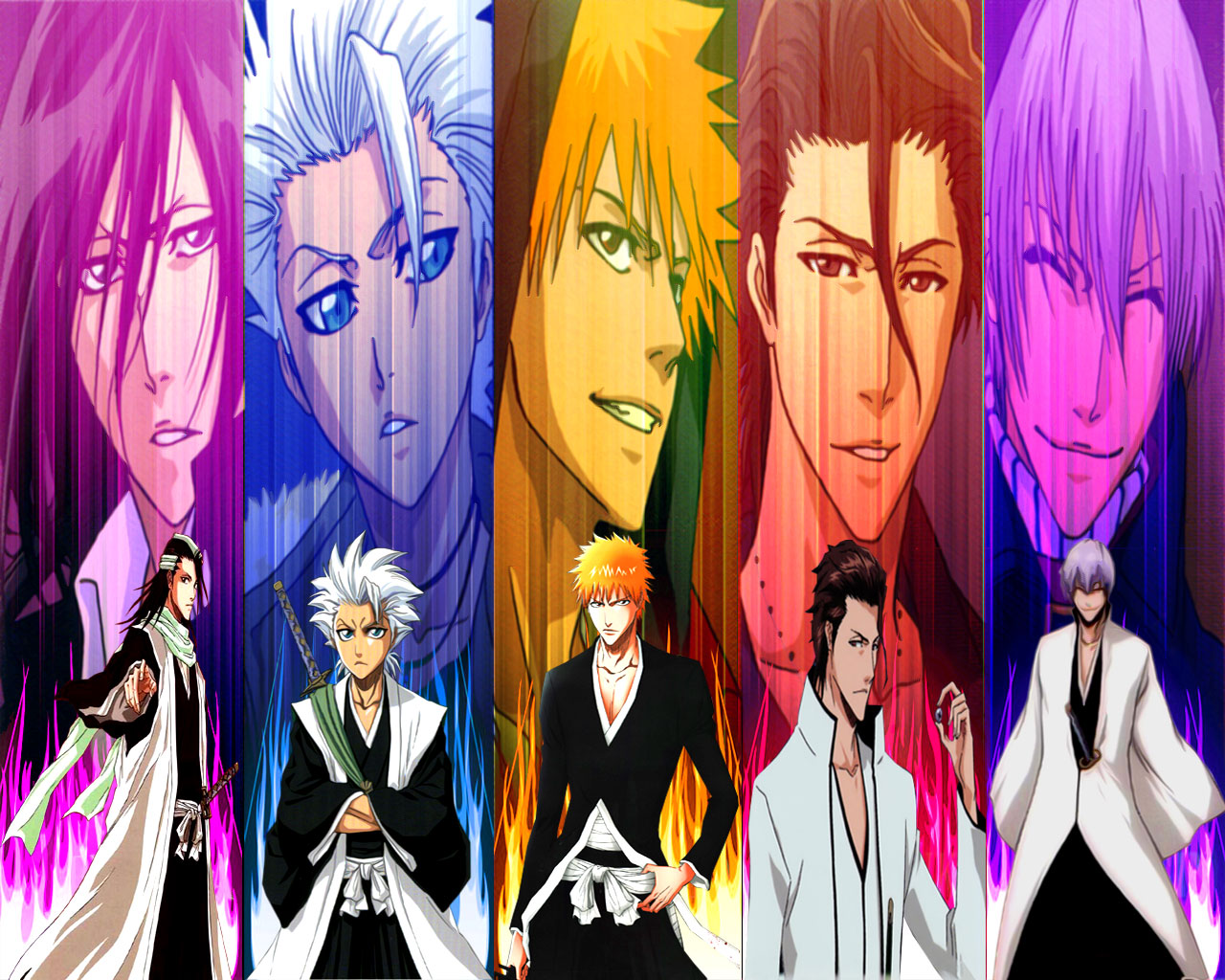 Bleach characters: Rukia, Tōshirō Hitsugaya, Ichigo, Aizen, Gin HD Wallpaper