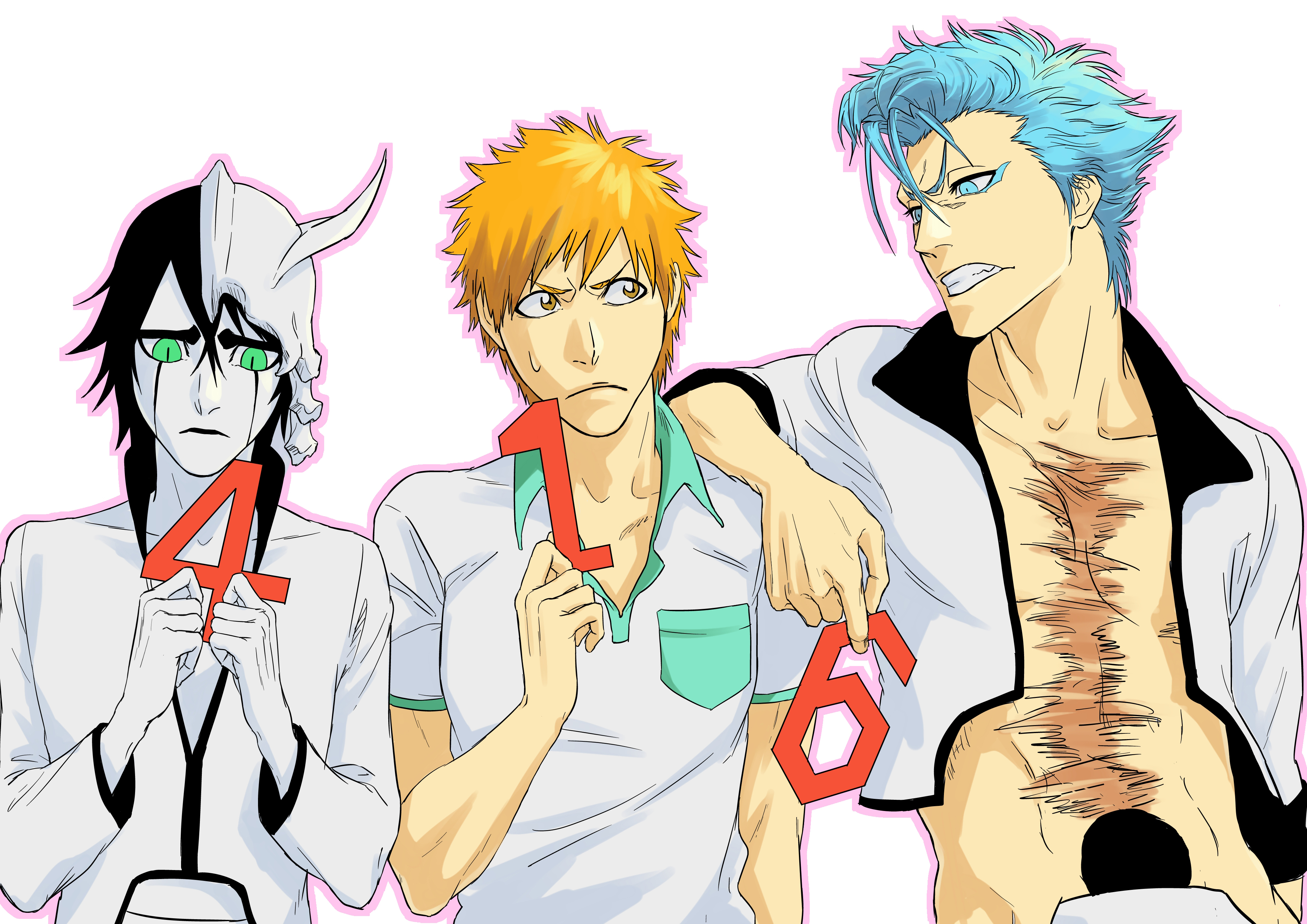 Ulquiorra, Ichigo, and Grimmjow from Bleach holding numbers HD Wallpaper