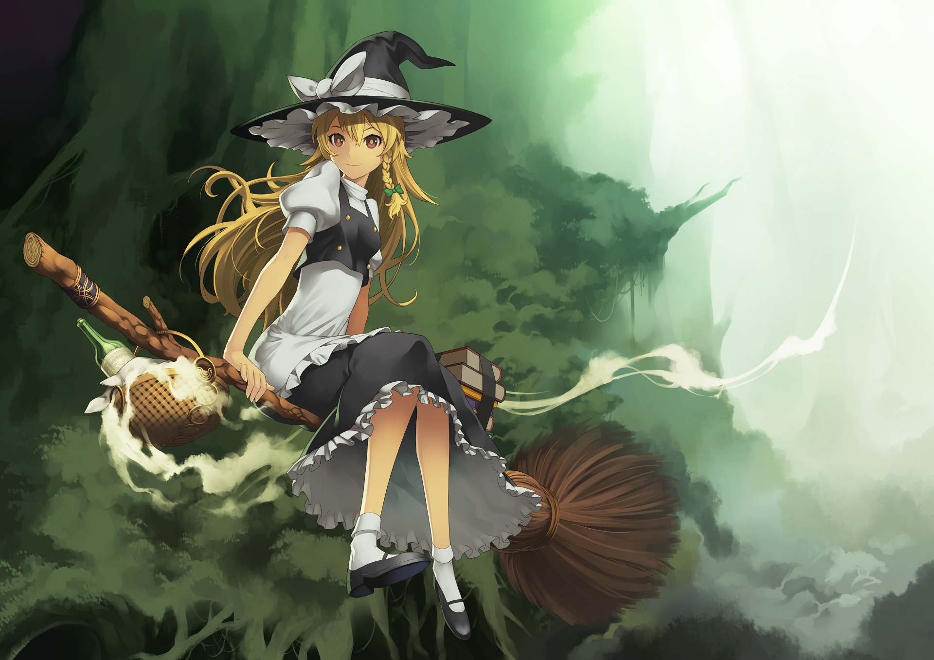 Marisa Kirisame from Touhou Project flying on a broomstick HD Wallpaper