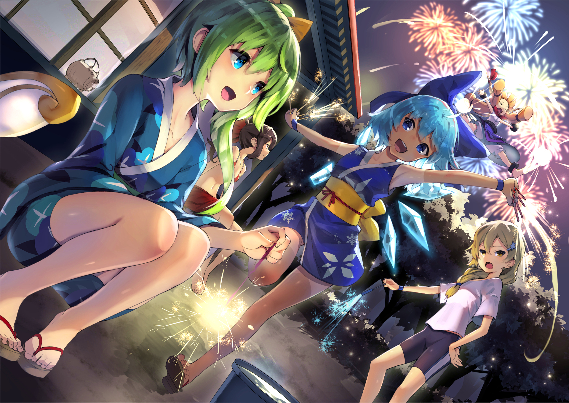 Girls in yukatas watching fireworks HD Wallpaper