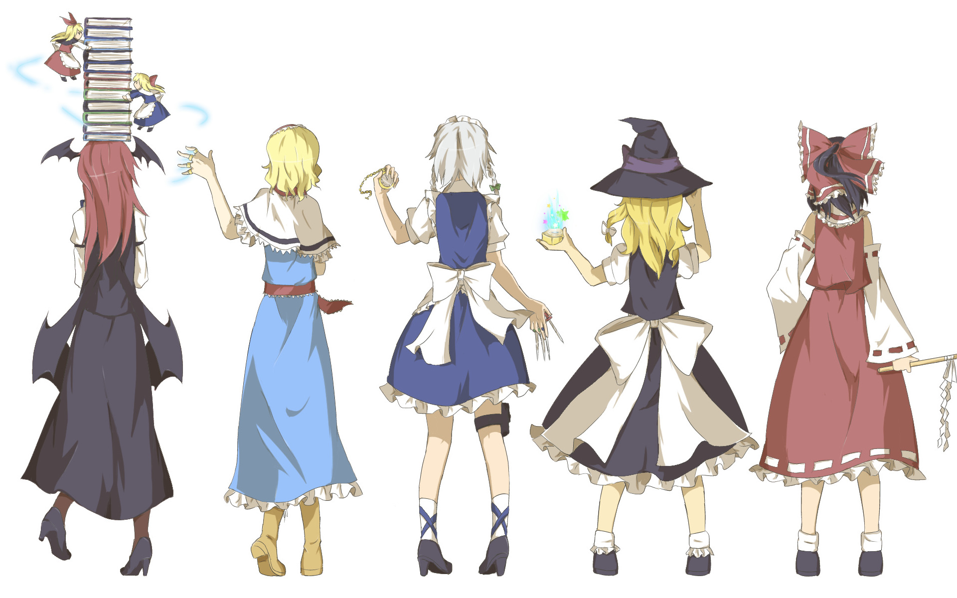 Five anime girls with books and magic HD Wallpaper