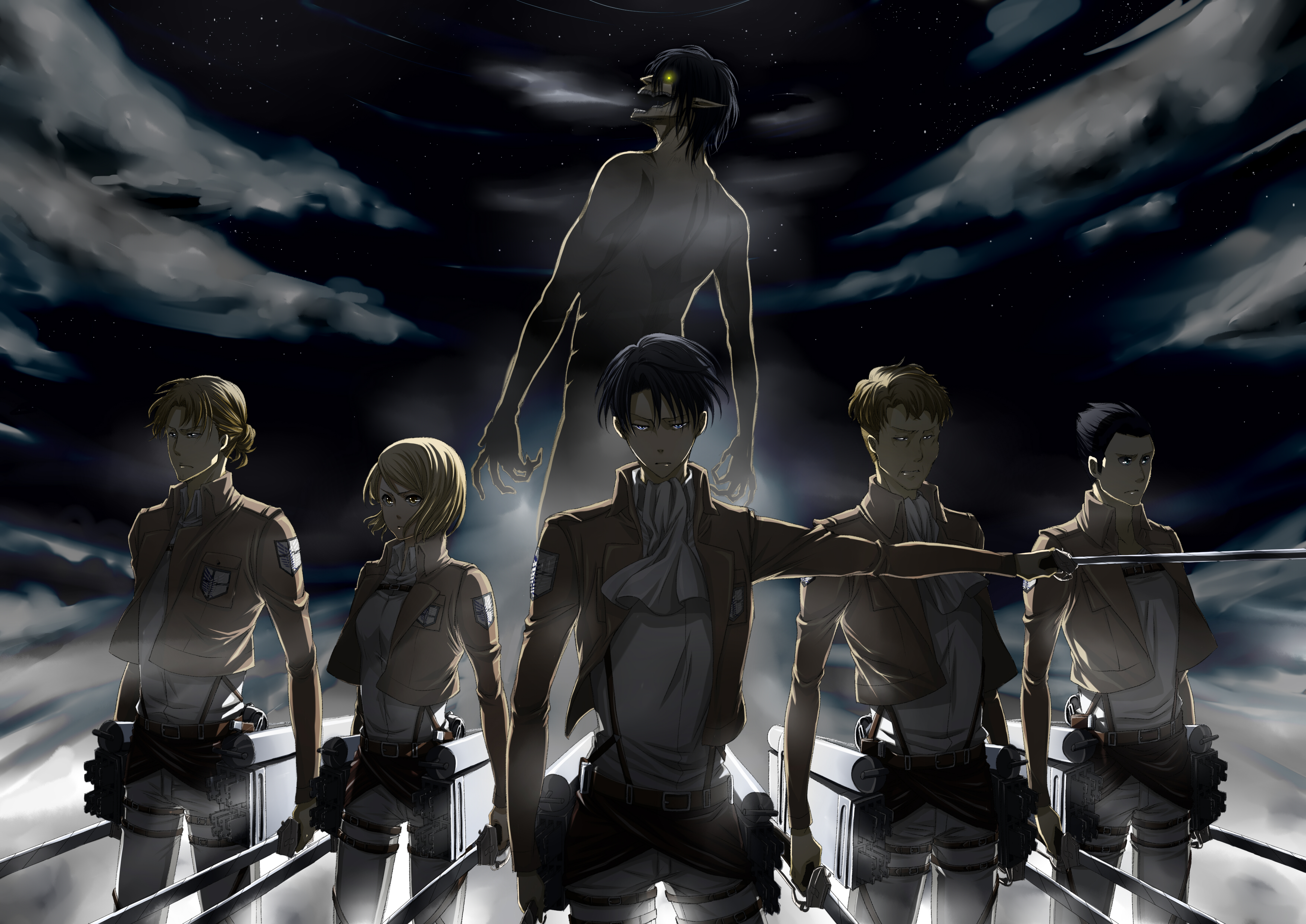 Levi Ackerman and Survey Corps Under Night Sky HD Wallpaper