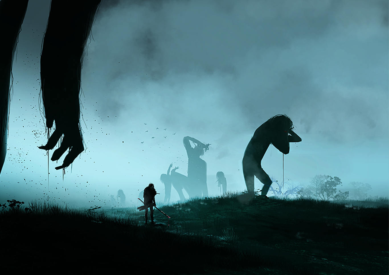 Giants and a lone figure in a misty landscape HD Wallpaper