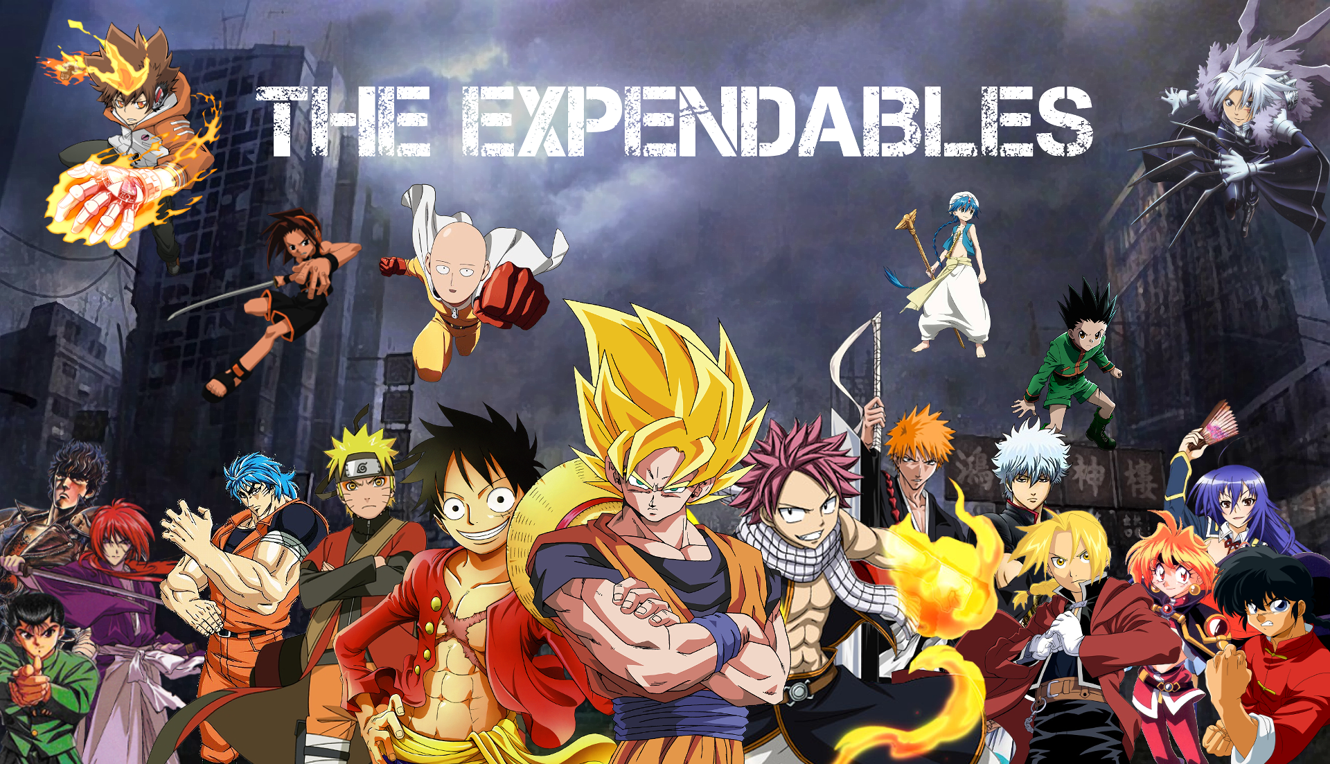 Anime characters from various series with "The Expendables" title HD Wallpaper