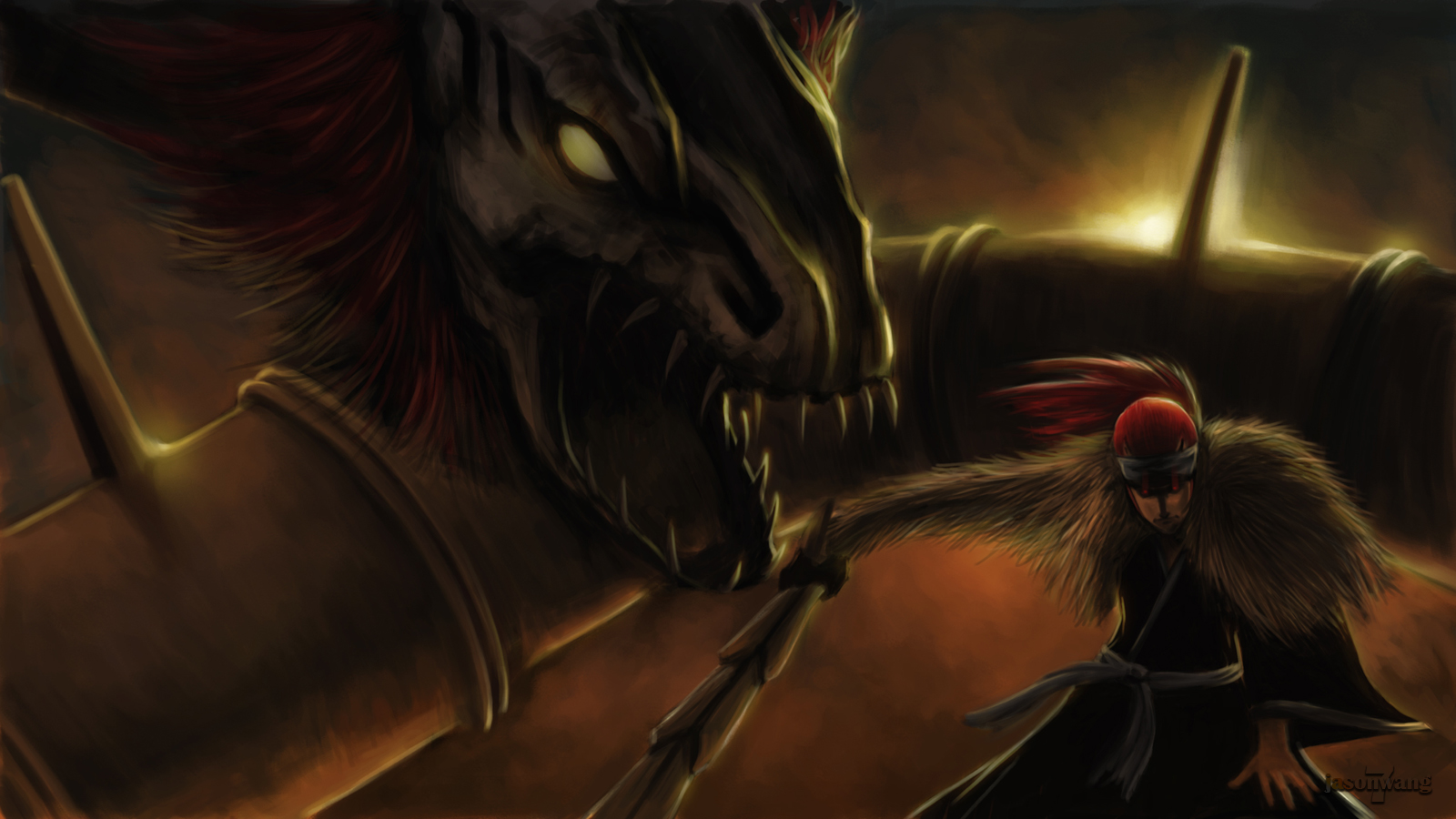 Renji Abarai fighting a large creature HD Wallpaper