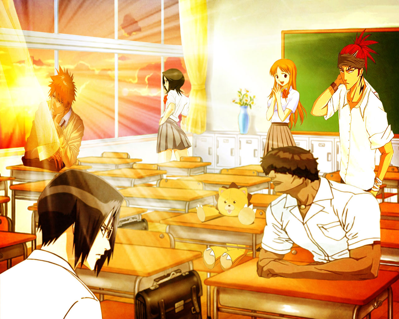 Ichigo, Rukia, Orihime, Renji, and Chad in a classroom HD Wallpaper