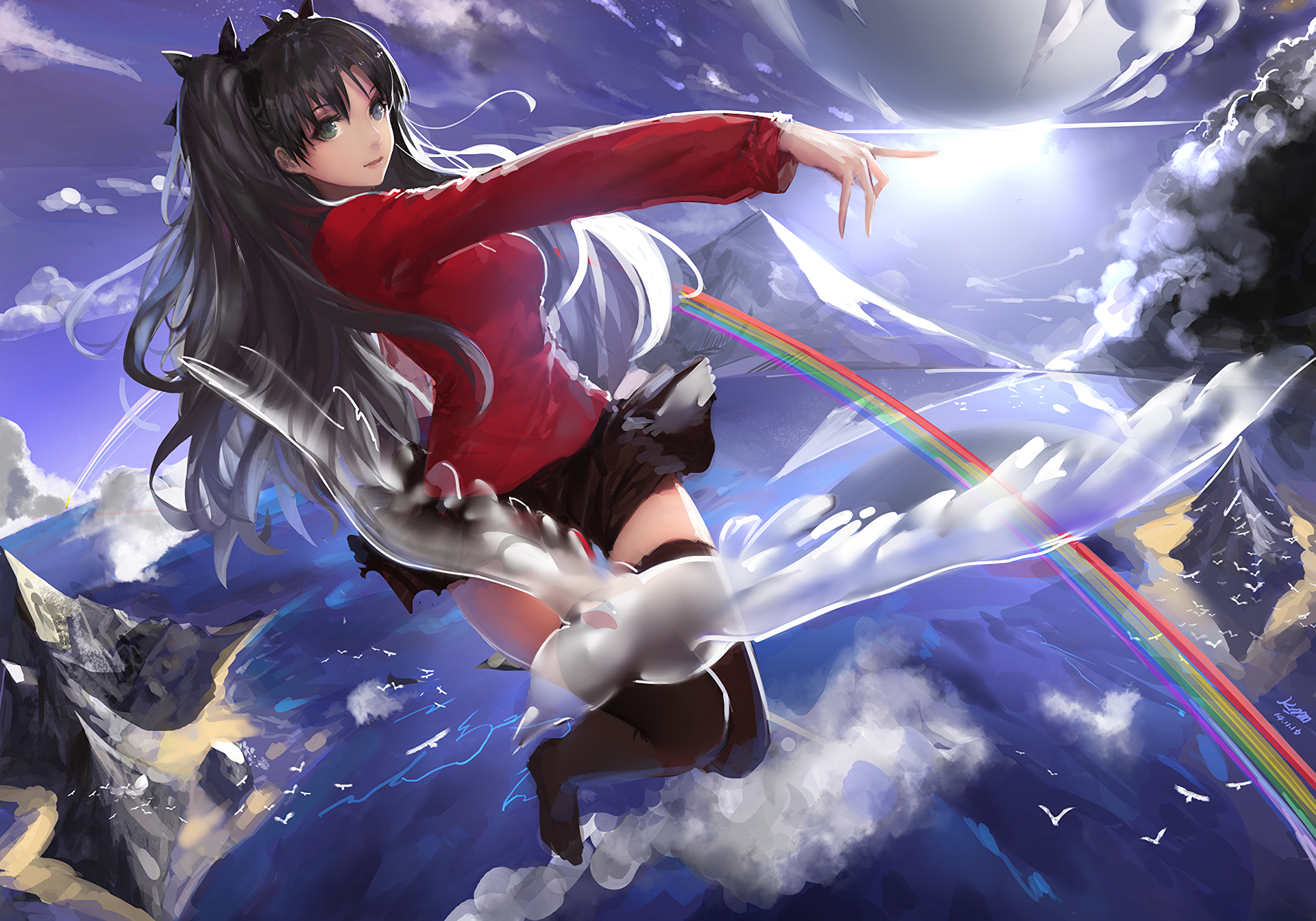 Rin Tohsaka flying on a bird with a rainbow HD Wallpaper
