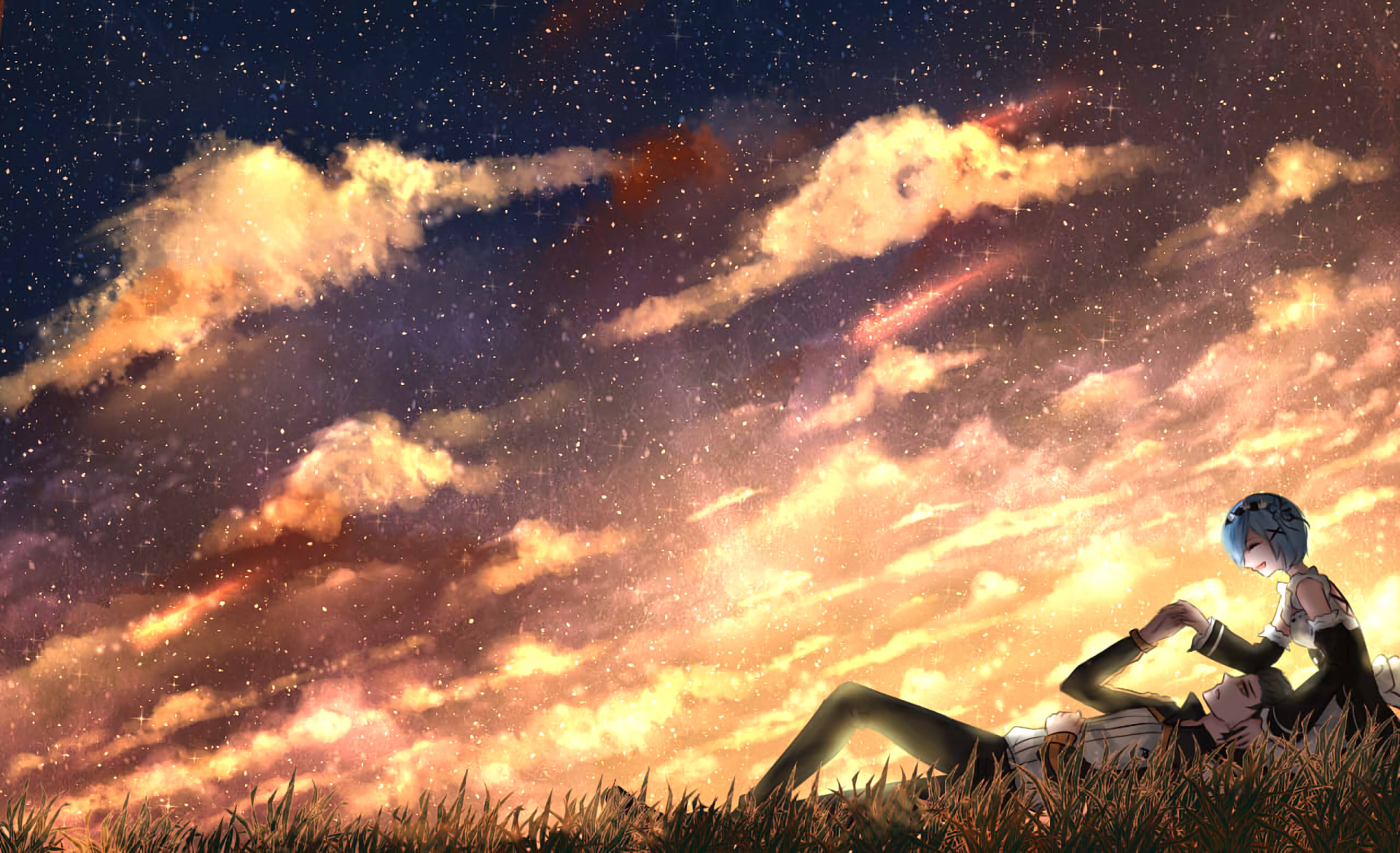 Subaru Natsuki and Rem under the stars HD Wallpaper
