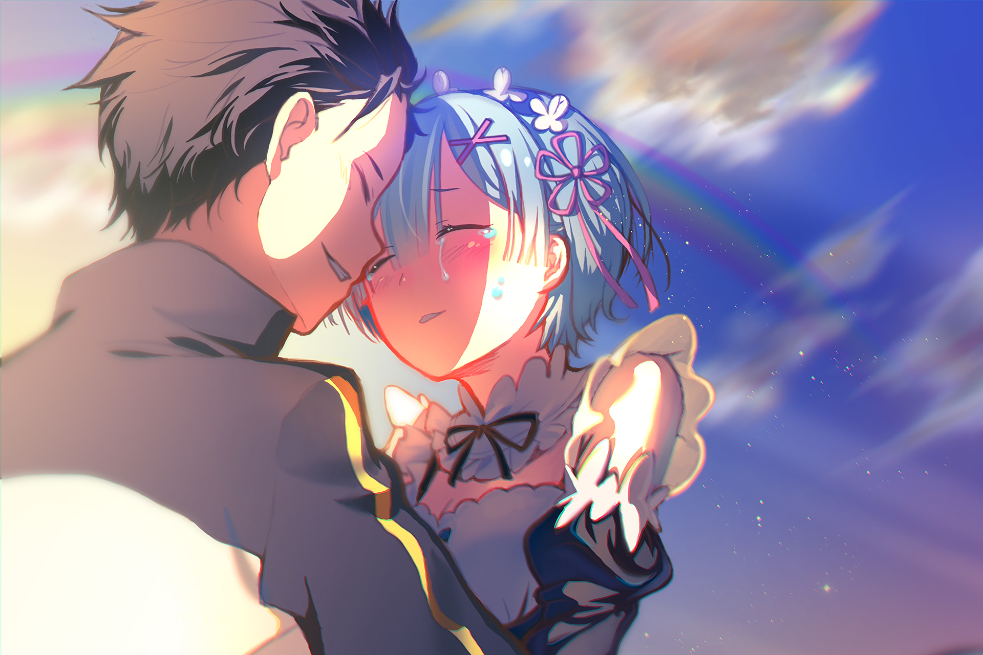 Subaru Natsuki and Rem embracing HD Wallpaper