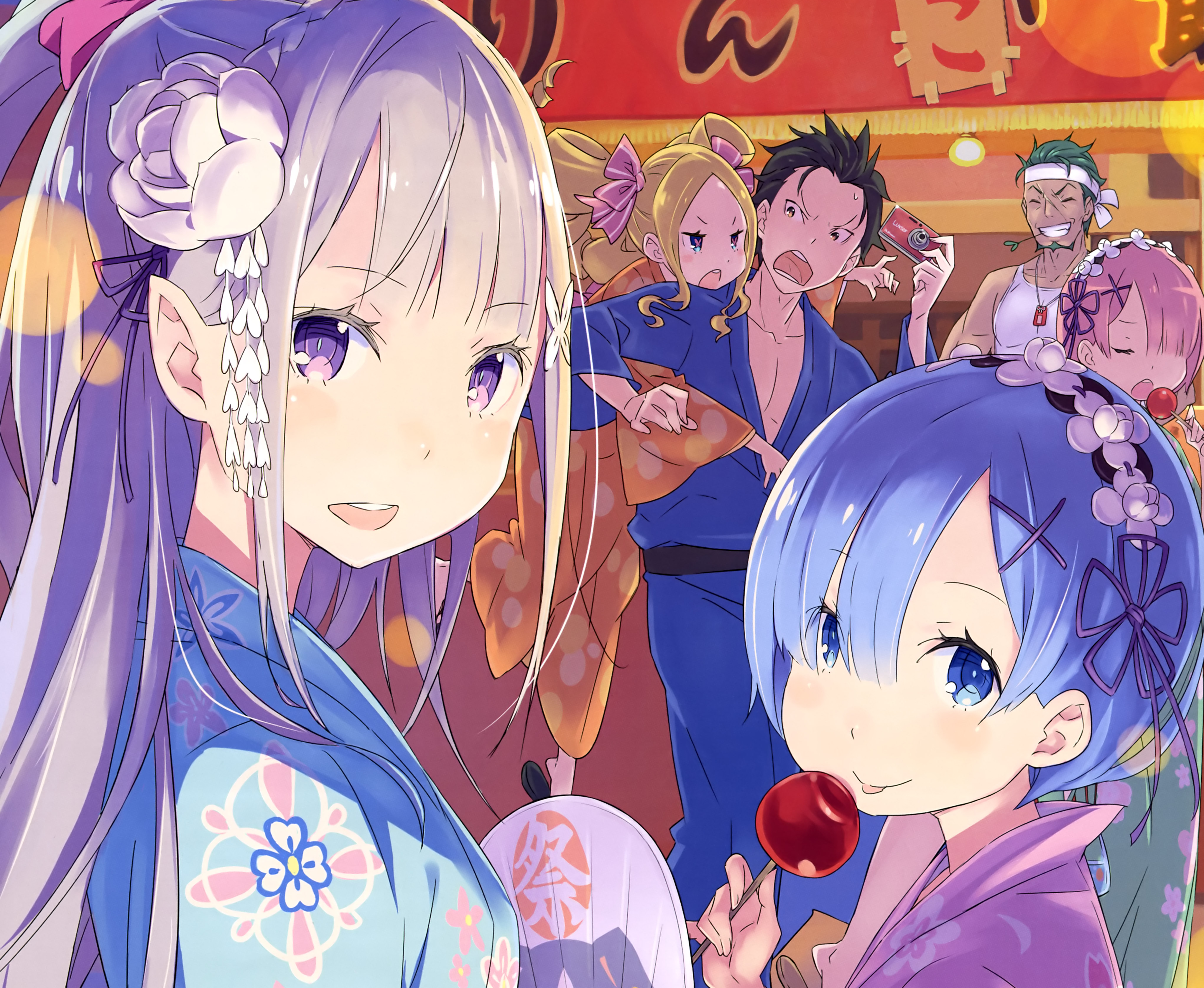 Emilia, Rem, Subaru, Beatrice, Ram, and Otto from Re:Zero HD Wallpaper