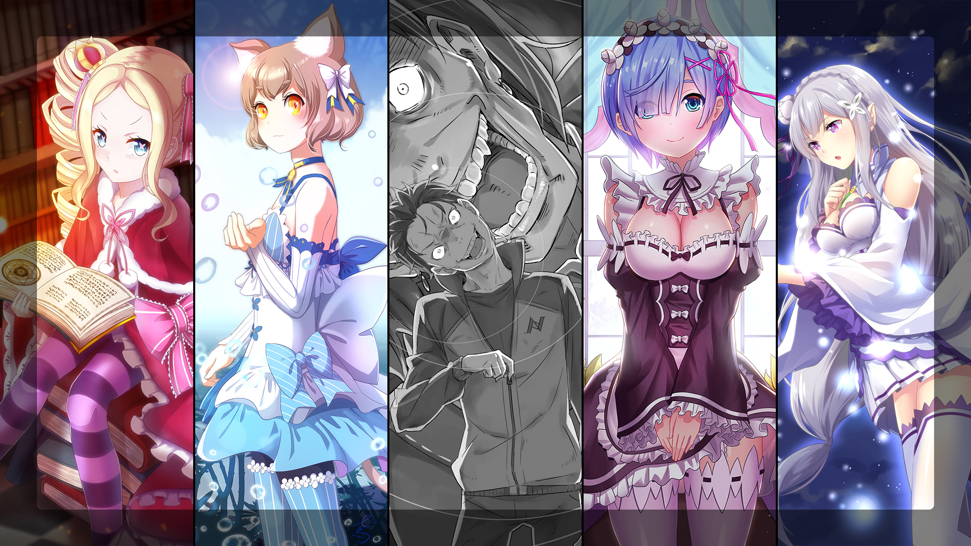 Re:Zero characters: Beatrice, Felix, Subaru, Rem, Emilia HD Wallpaper