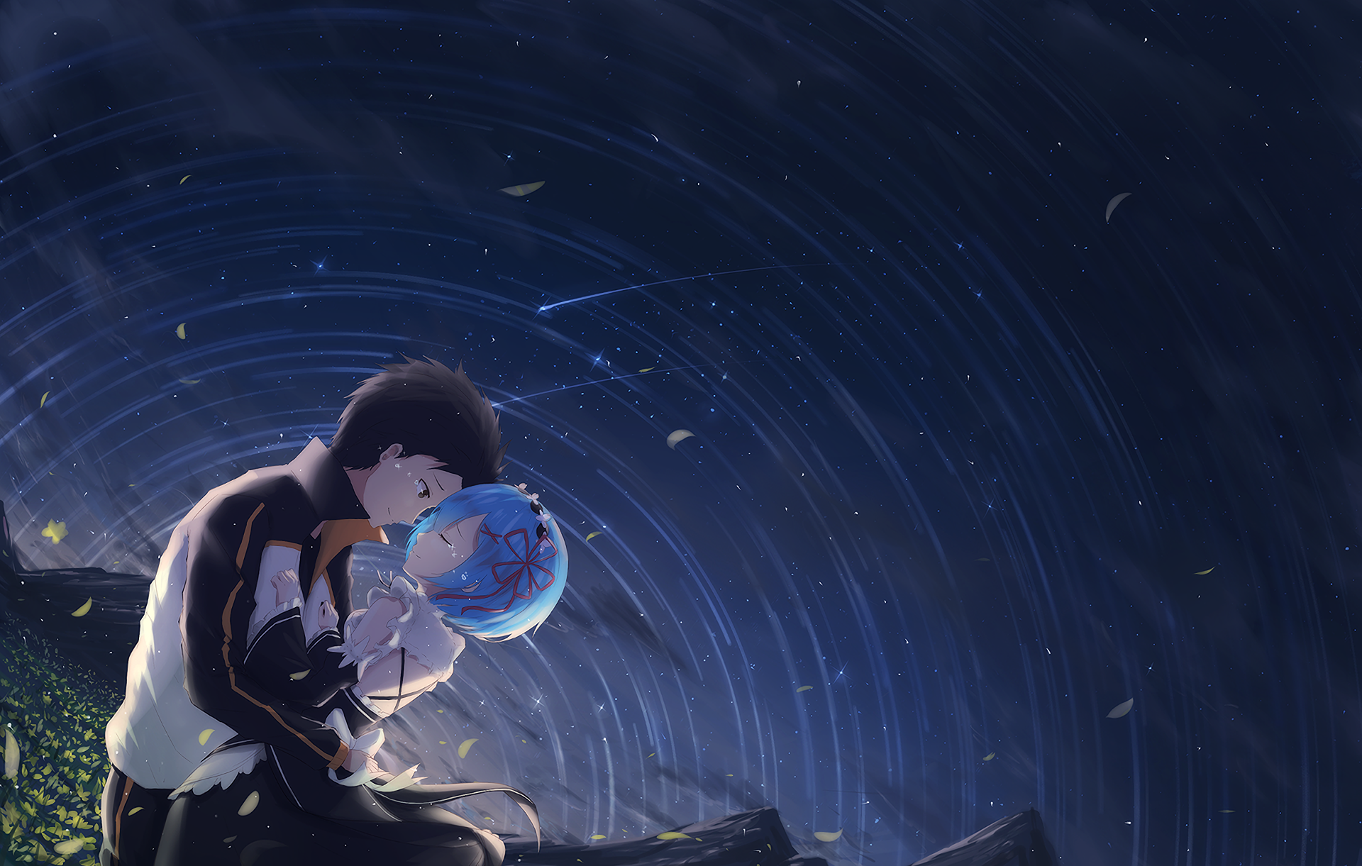 Subaru Natsuki and Rem embracing under a starry sky HD Wallpaper