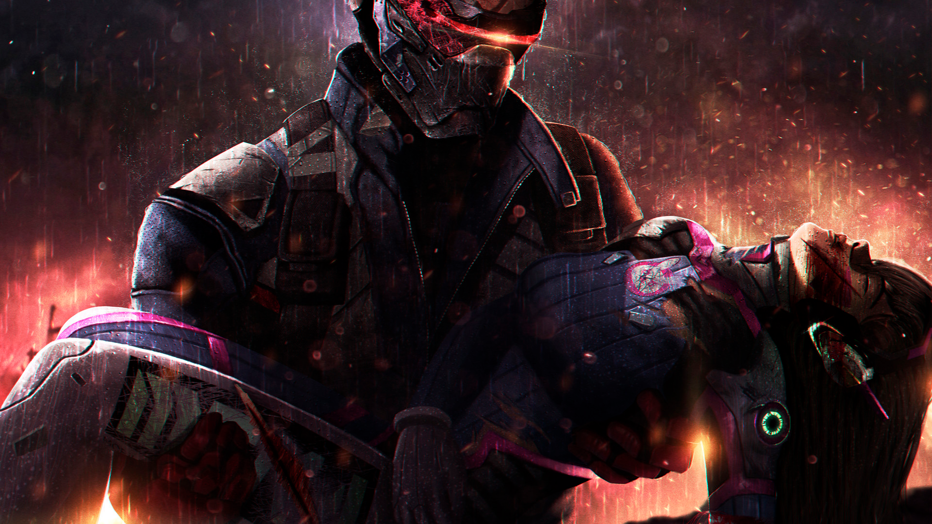 D.Va from Overwatch carrying a wounded person HD Wallpaper