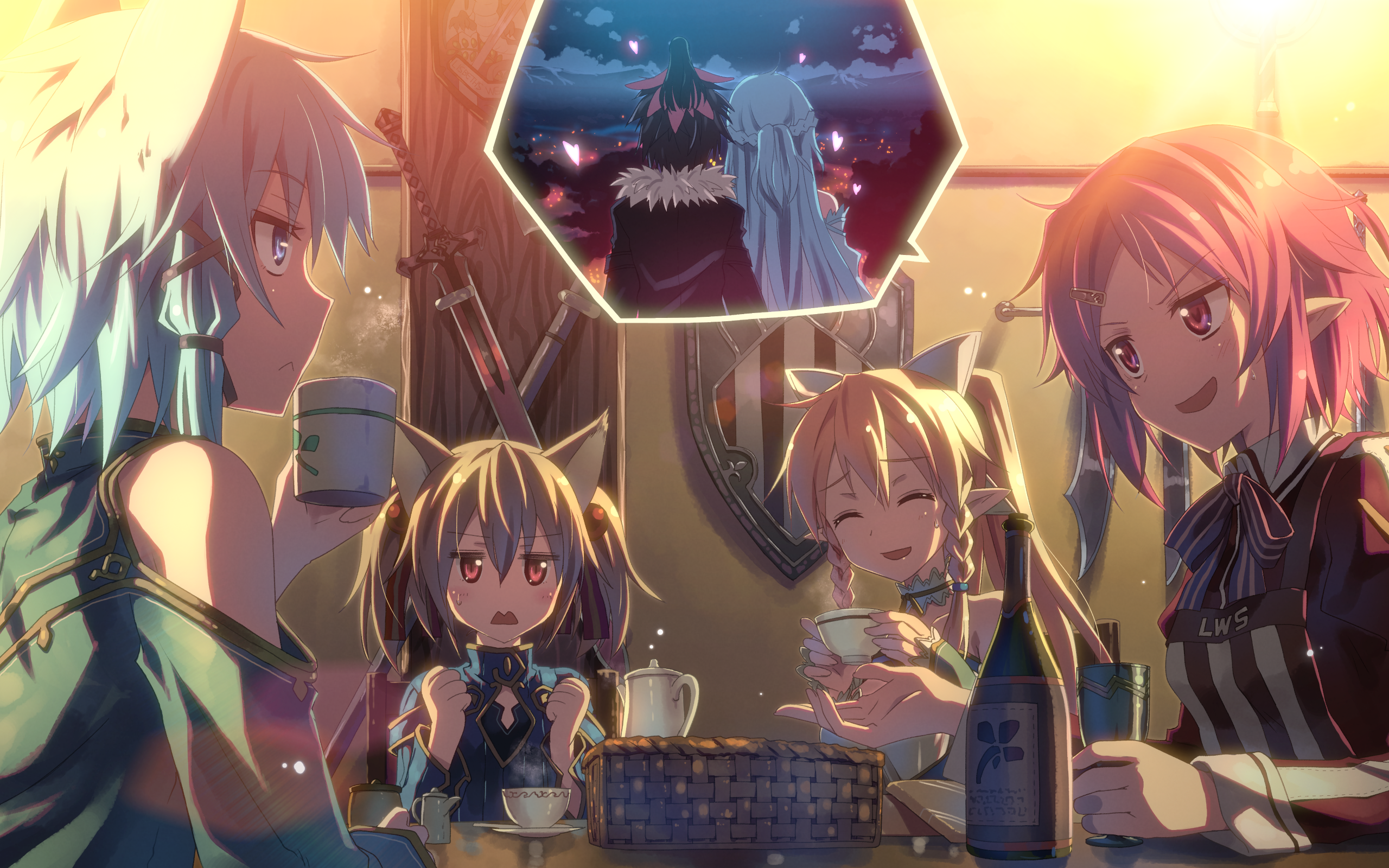 Anime girls drinking tea with a memory bubble HD Wallpaper