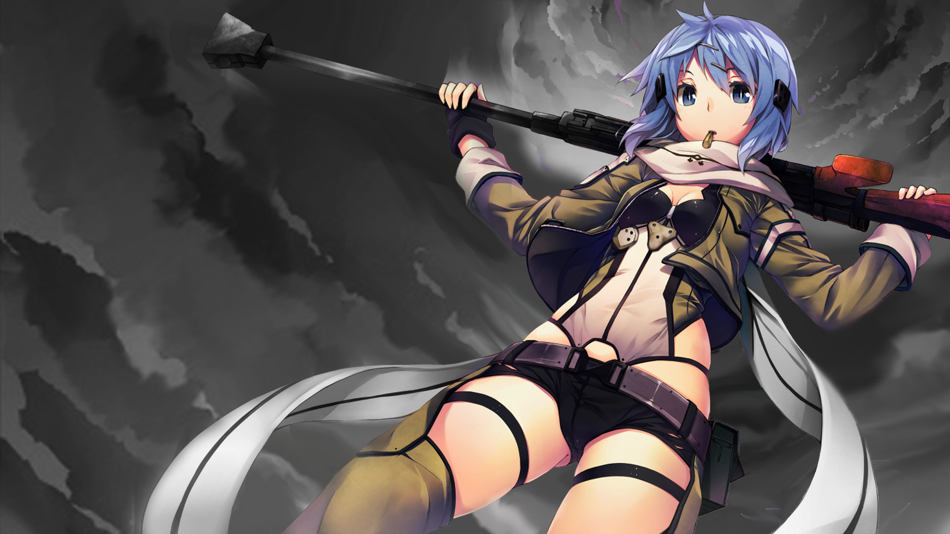 Sinon from Sword Art Online with a sniper rifle HD Wallpaper