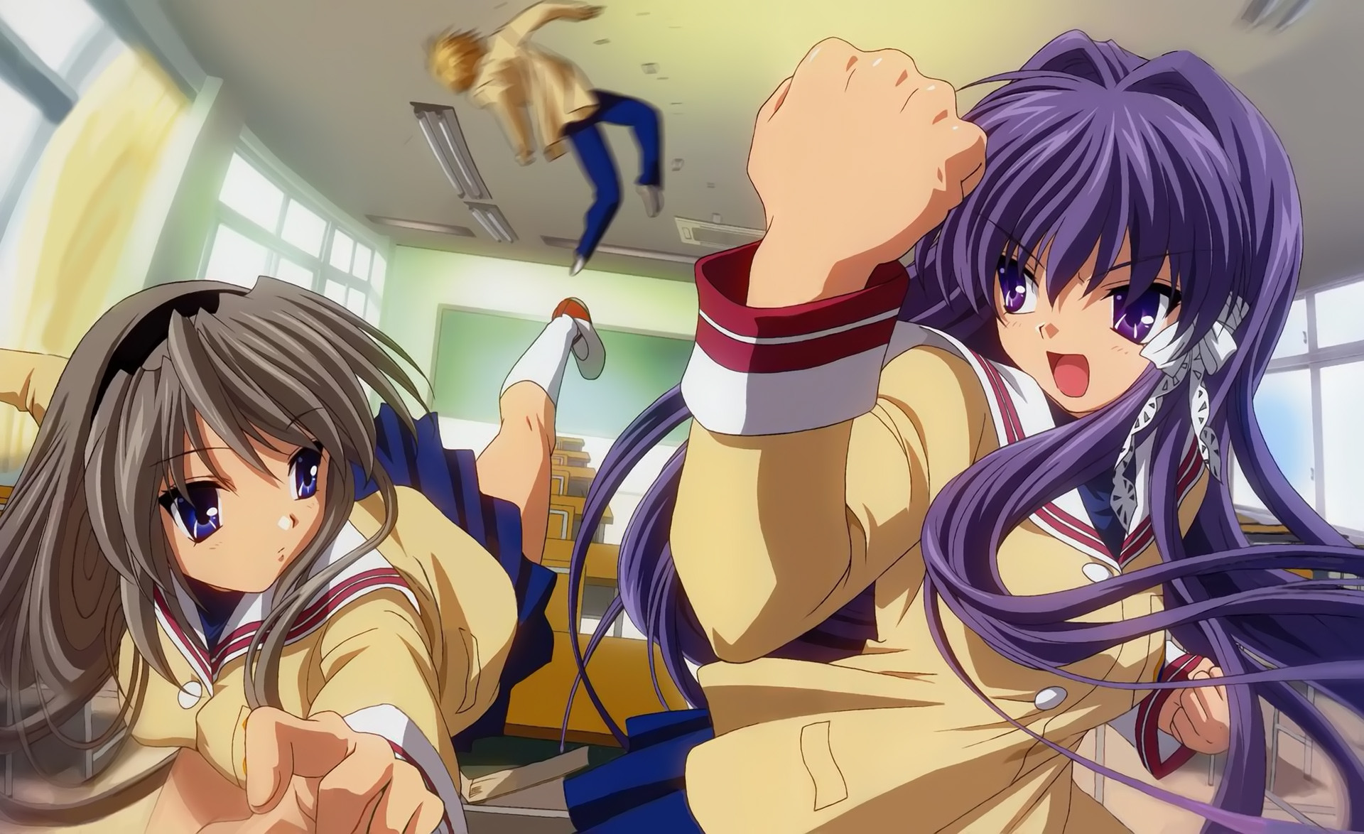 Kyou Fujibayashi and Tomoyo Daidouji fighting in a classroom HD Wallpaper
