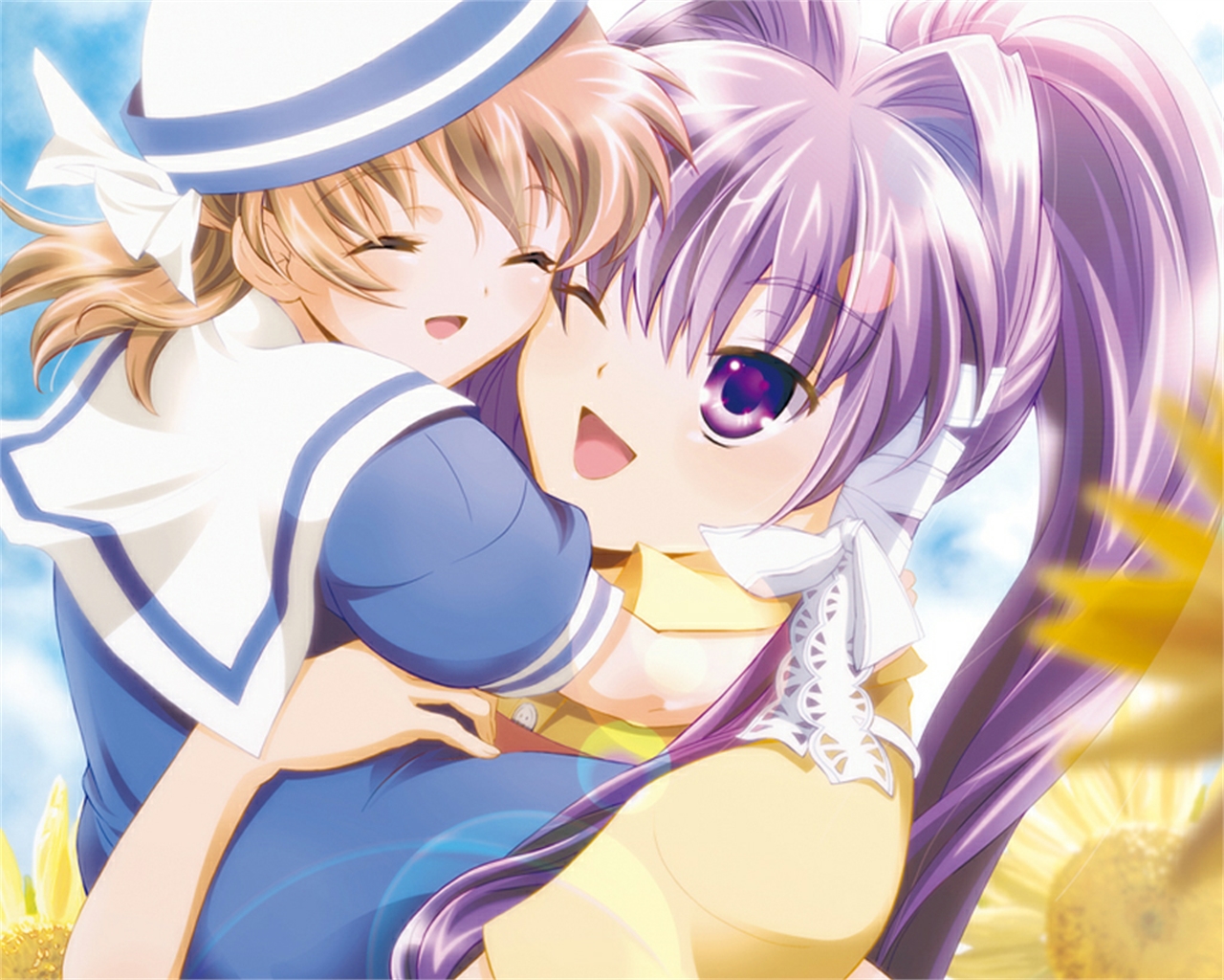 Kyou Fujibayashi hugging a younger girl HD Wallpaper