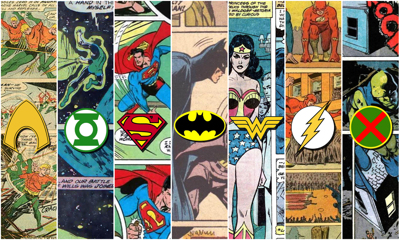Aquaman, Green Lantern, Superman, Batman, Wonder Woman, Flash, and X-Men comic panels HD Wallpaper