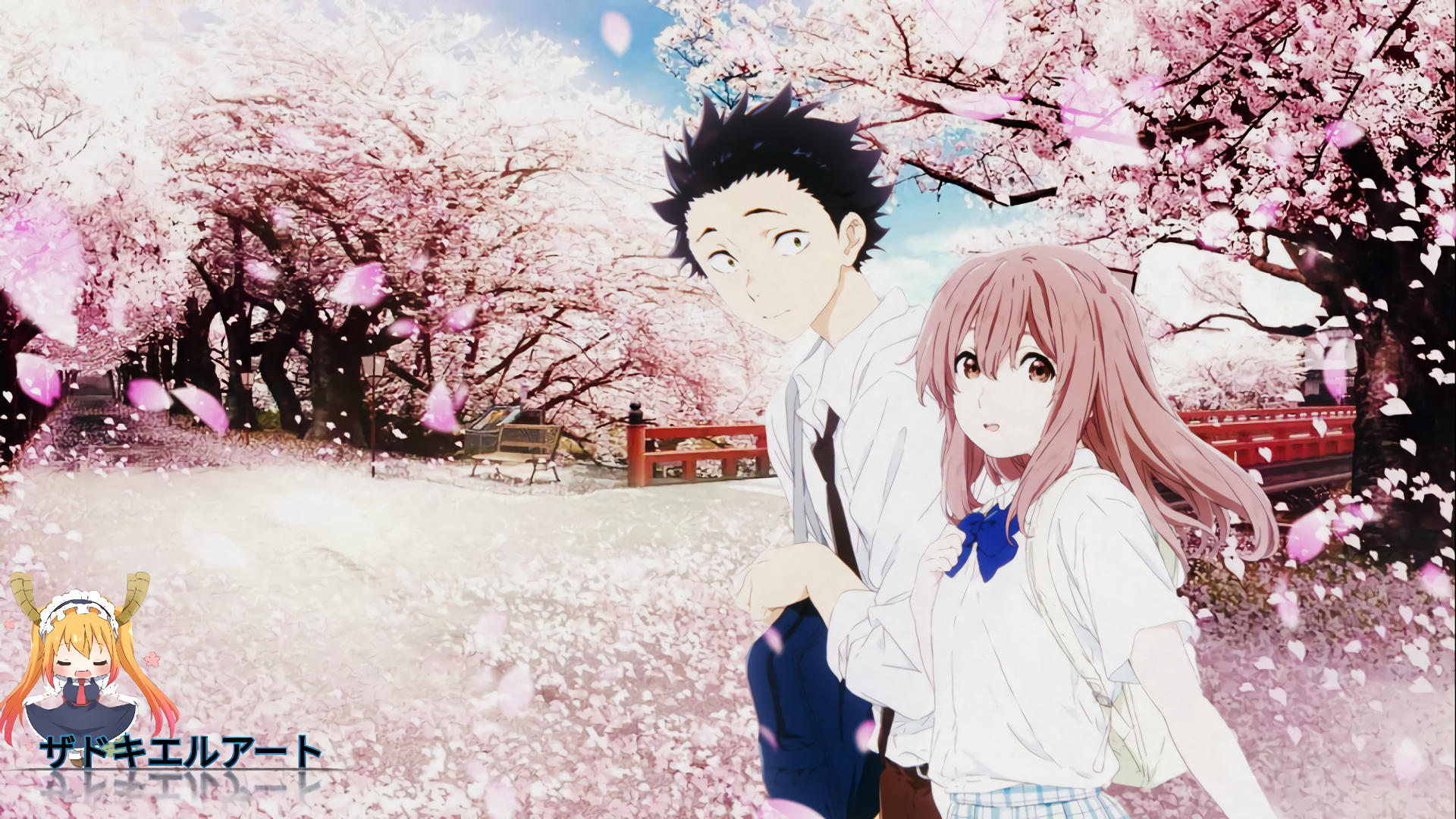 Shouko Nishimiya and Shoya Ishida under cherry blossoms HD Wallpaper