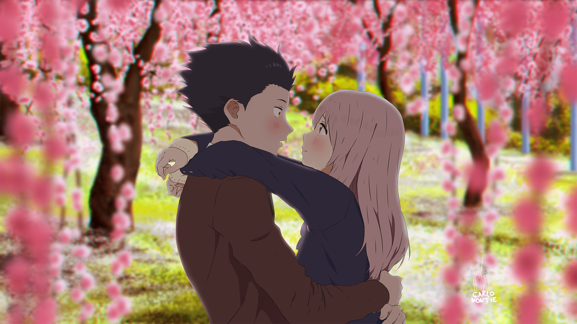 Shouko Nishimiya and Shoya Ishida embracing under cherry blossoms HD Wallpaper
