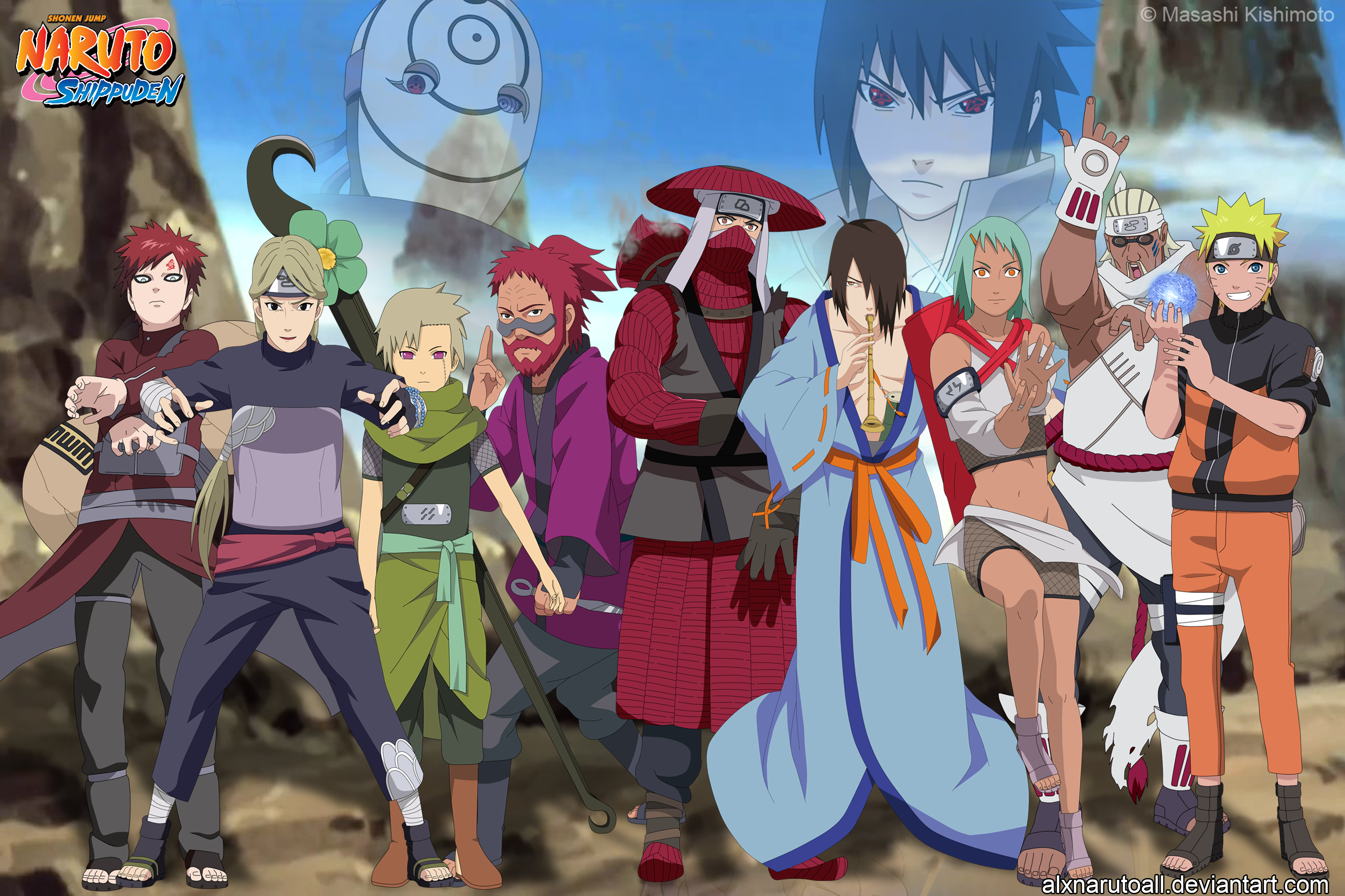 Naruto Shippuden characters with Obito and Sasuke in background HD Wallpaper