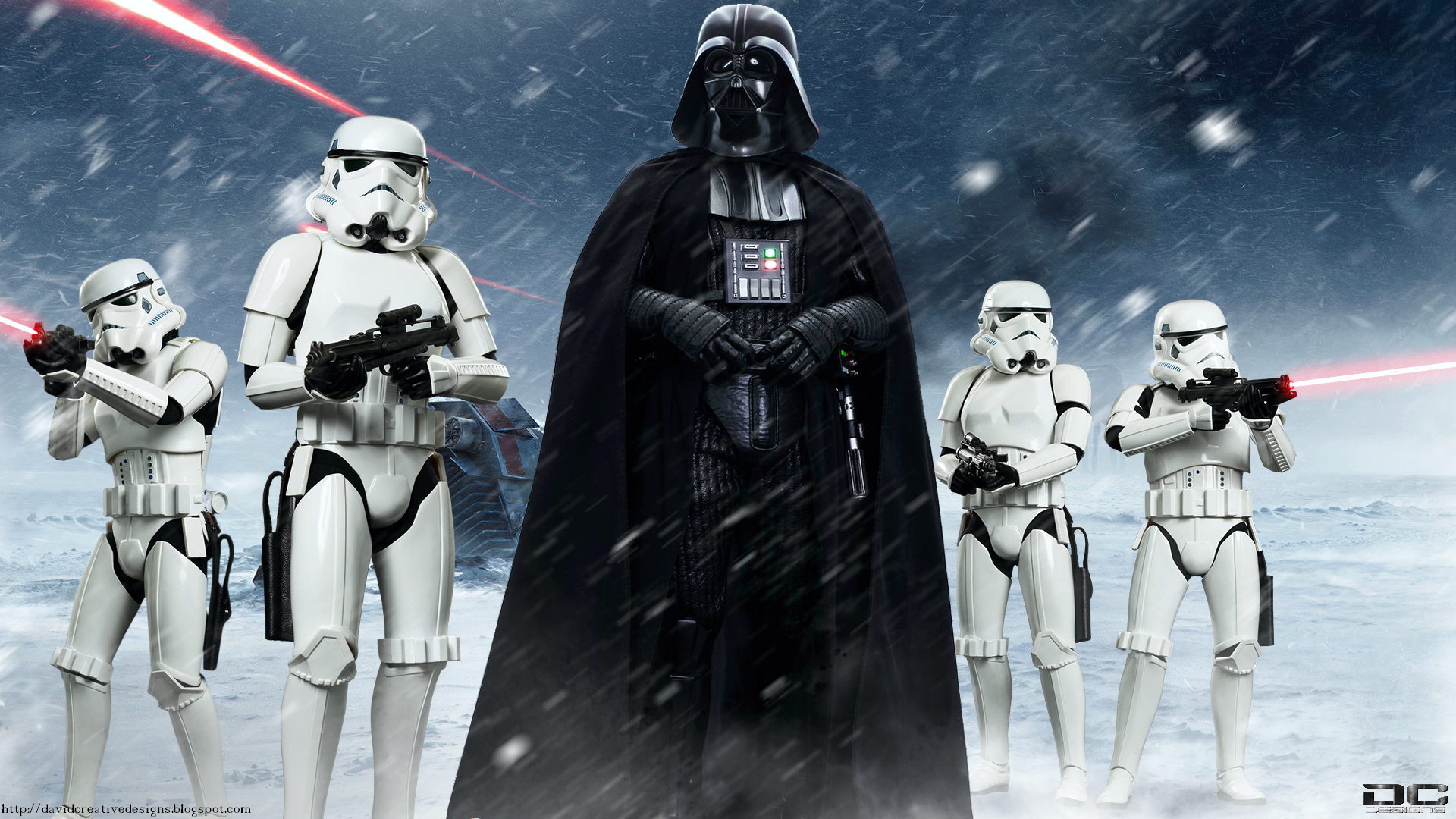 Darth Vader and Stormtroopers in a snowy landscape HD Wallpaper