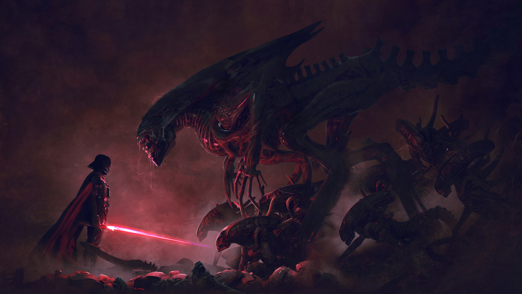 Darth Vader fighting Xenomorphs HD Wallpaper