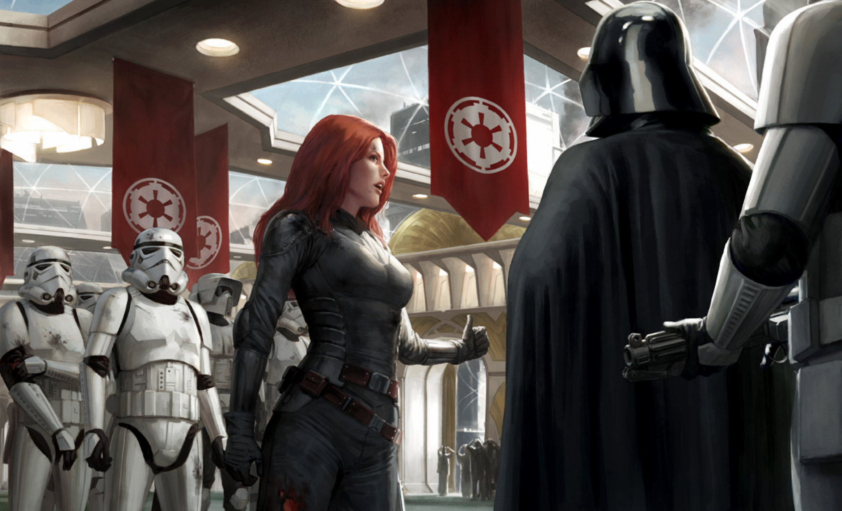 Darth Vader and woman with stormtroopers HD Wallpaper
