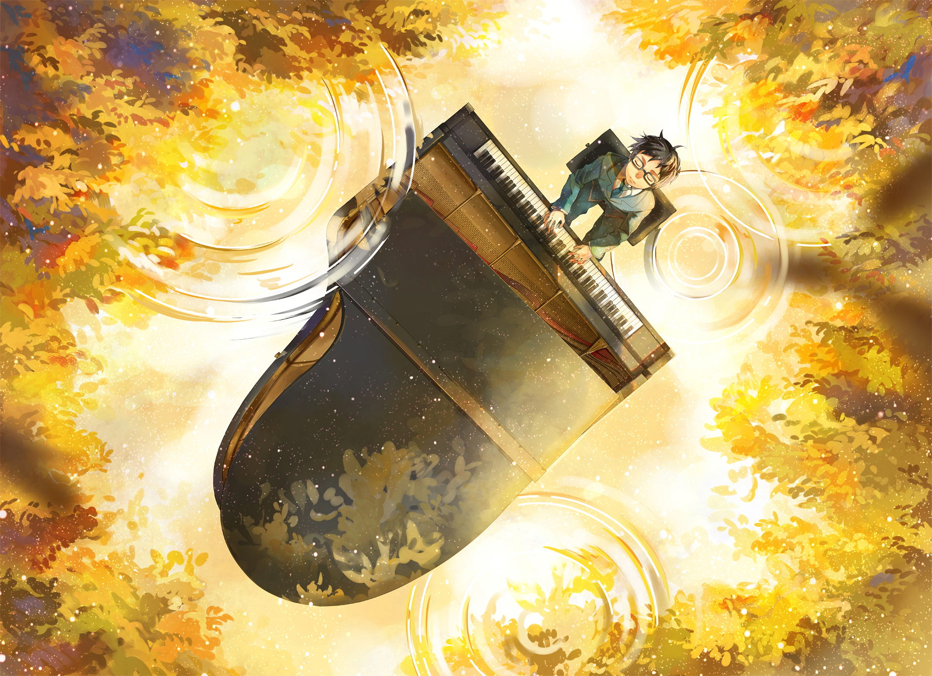 Kousei Arima playing piano in autumn HD Wallpaper