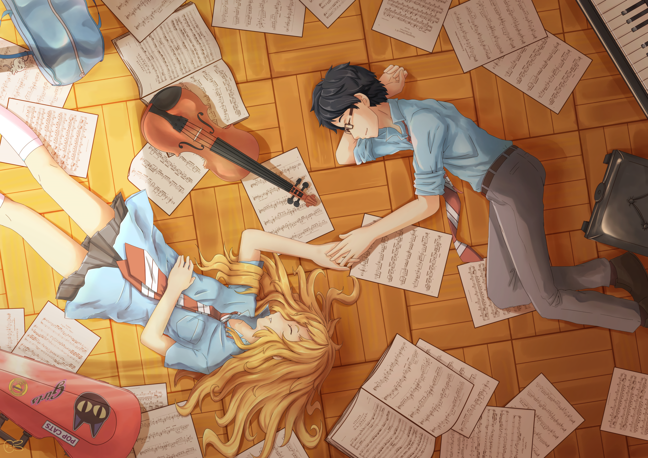 Kousei Arima and Kaori Miyazono lying on sheet music HD Wallpaper