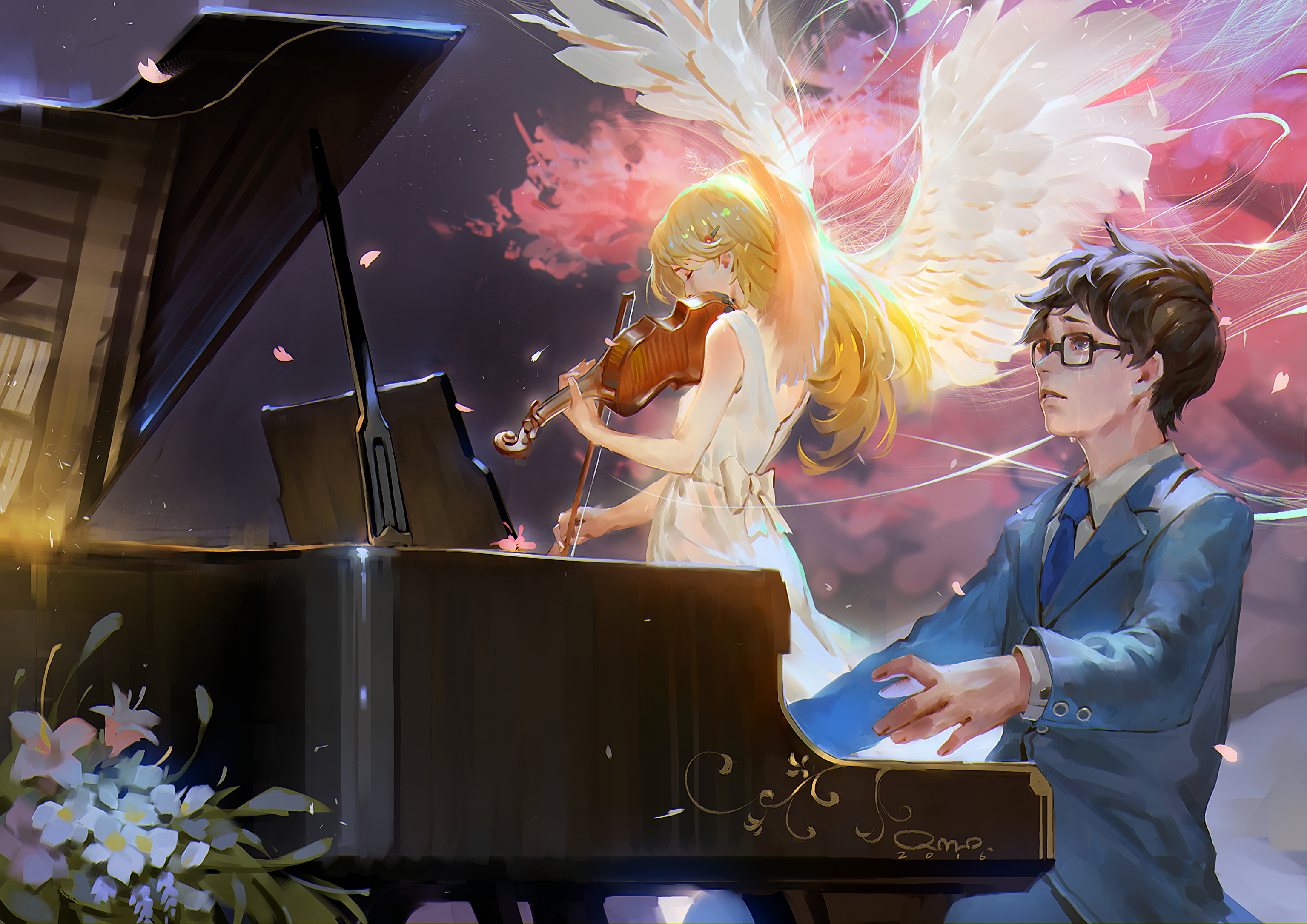 Kousei Arima playing piano with Kaori Miyazono playing violin HD Wallpaper