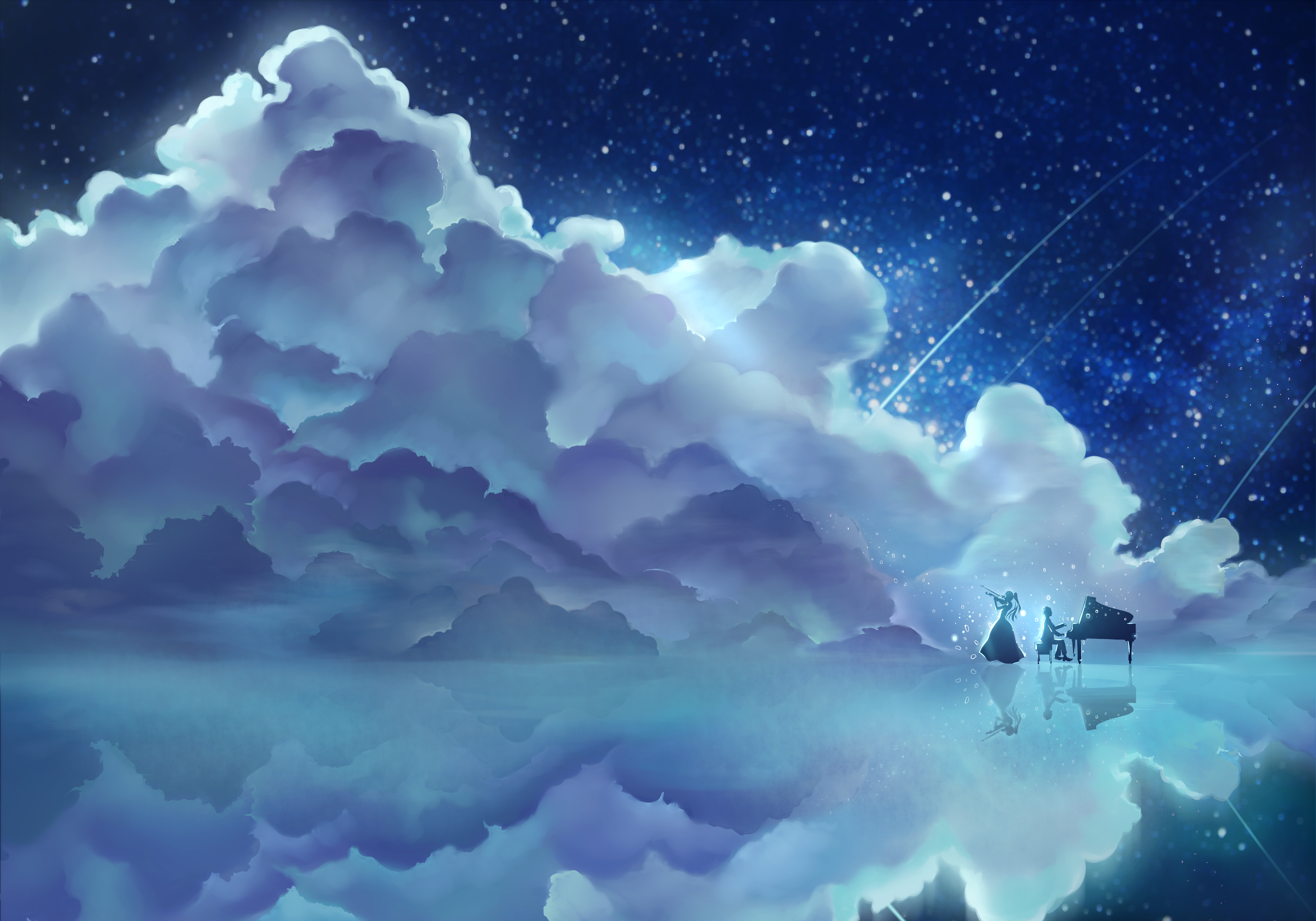 Kousei Arima playing piano under starry sky HD Wallpaper