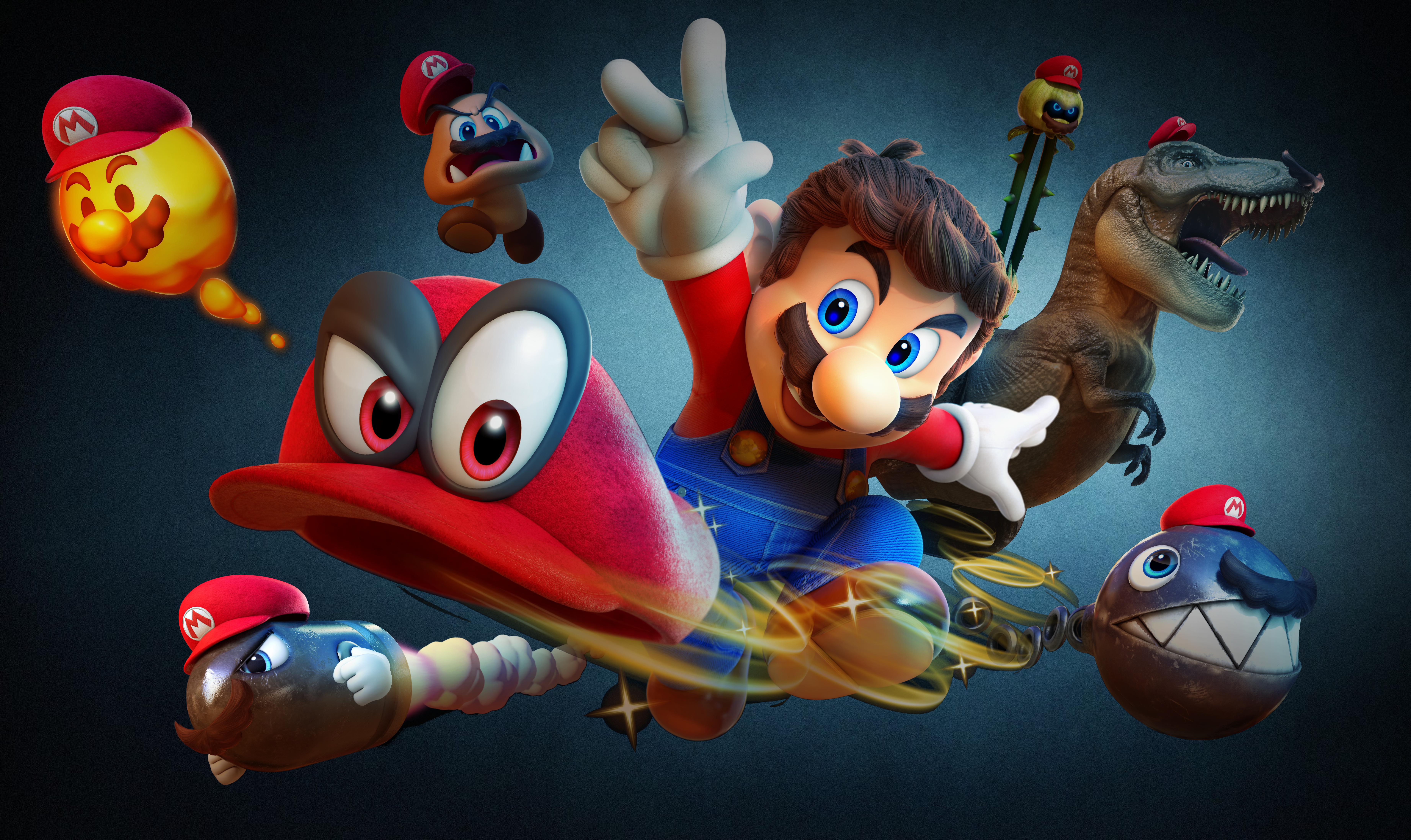 Mario and Cappy from Super Mario Odyssey with enemies HD Wallpaper