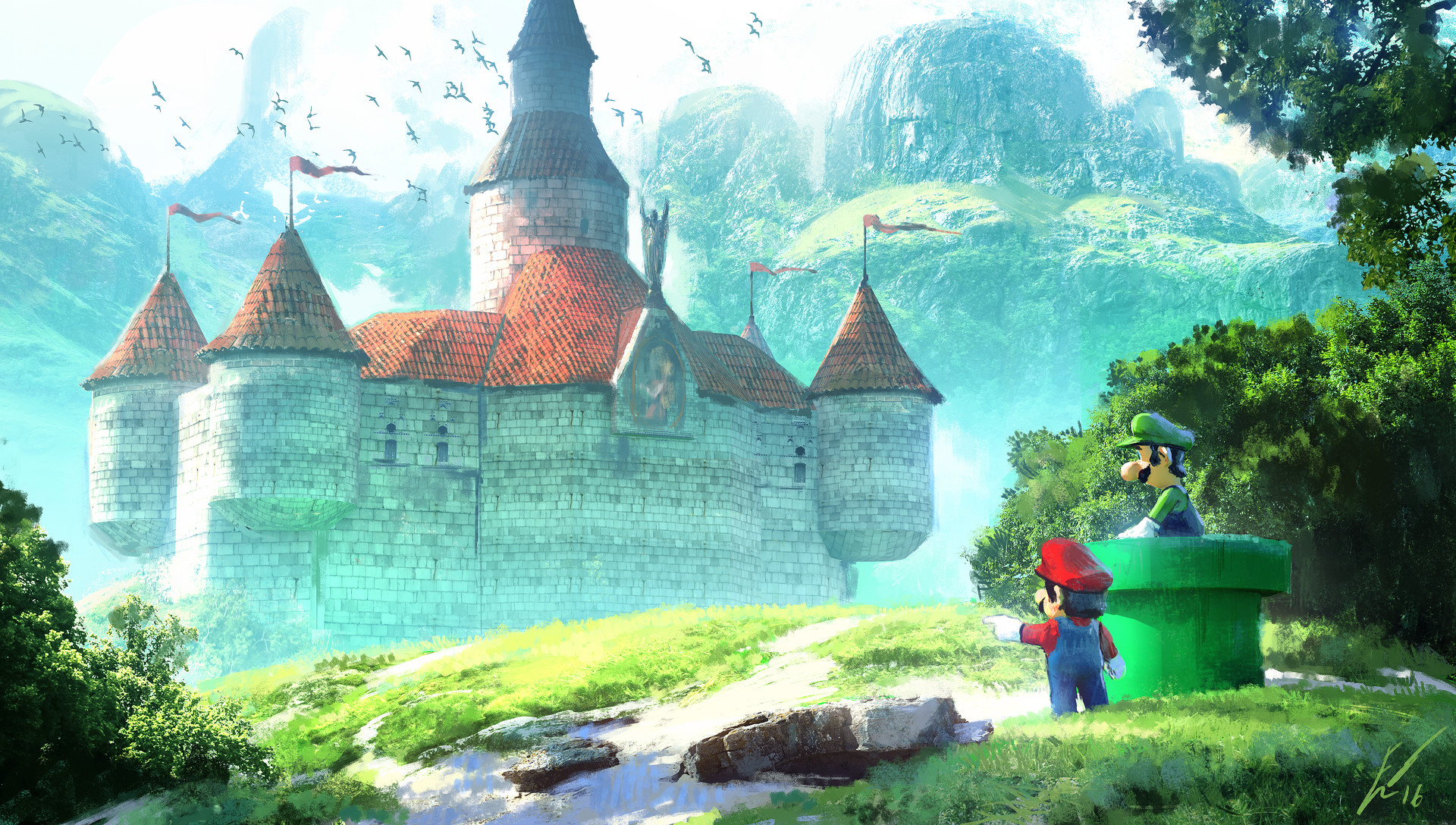 Mario and Luigi Facing a Majestic Castle HD Wallpaper