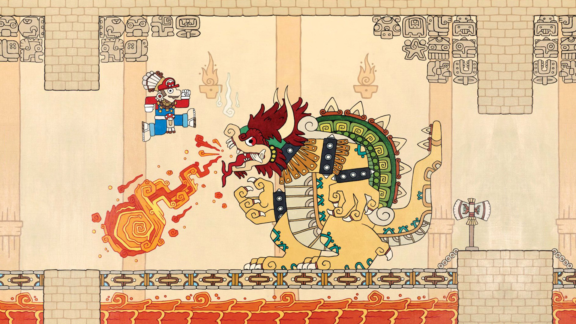 Mario fighting Bowser in Mayan temple HD Wallpaper