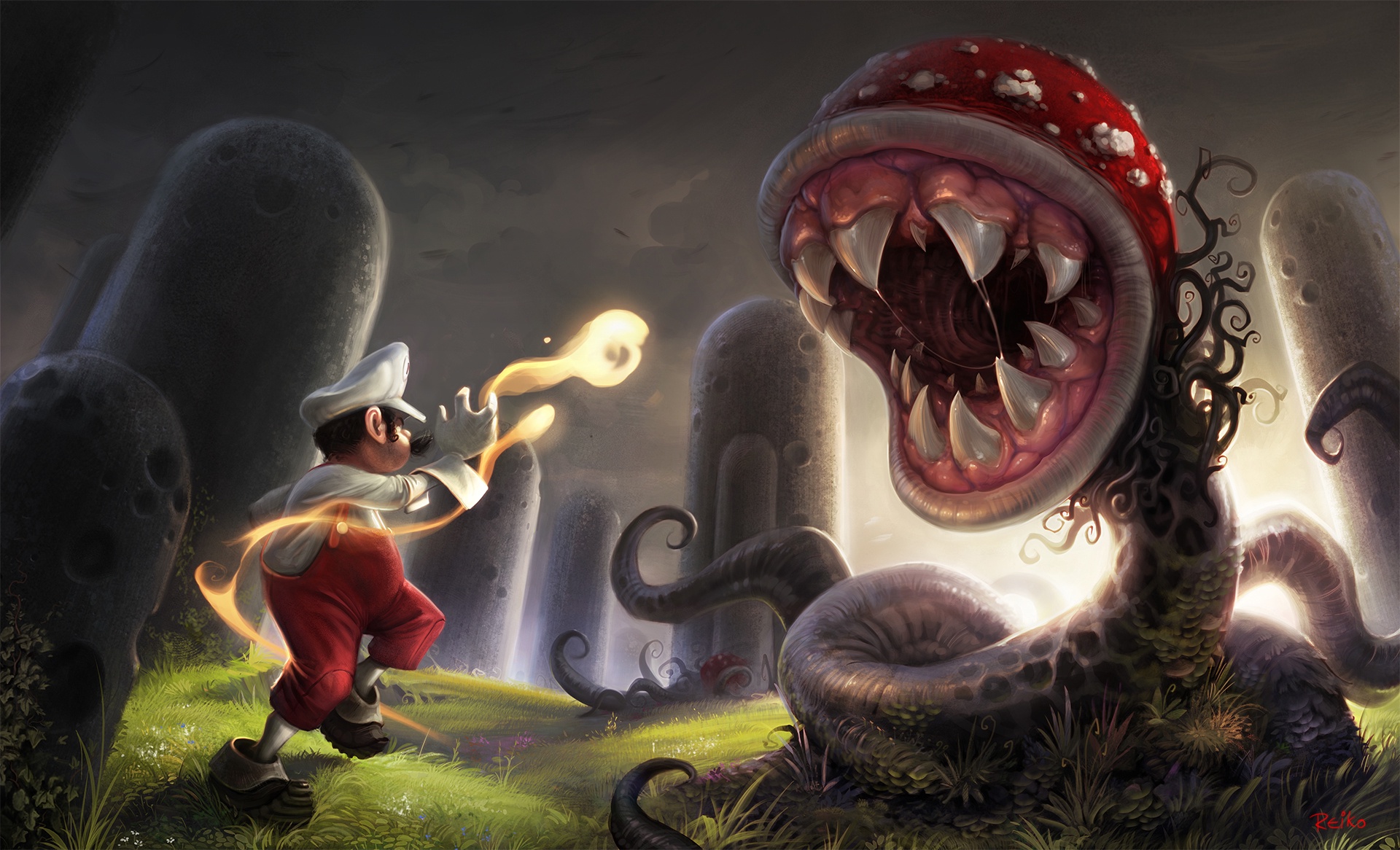 Mario fighting a Piranha Plant HD Wallpaper