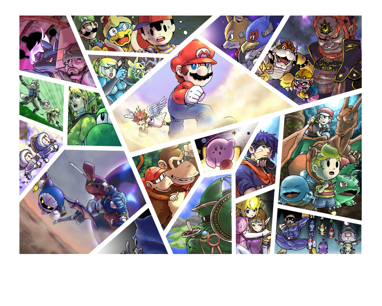 Super Smash Bros. Collage featuring Mario, Link, and Pokémon HD Wallpaper