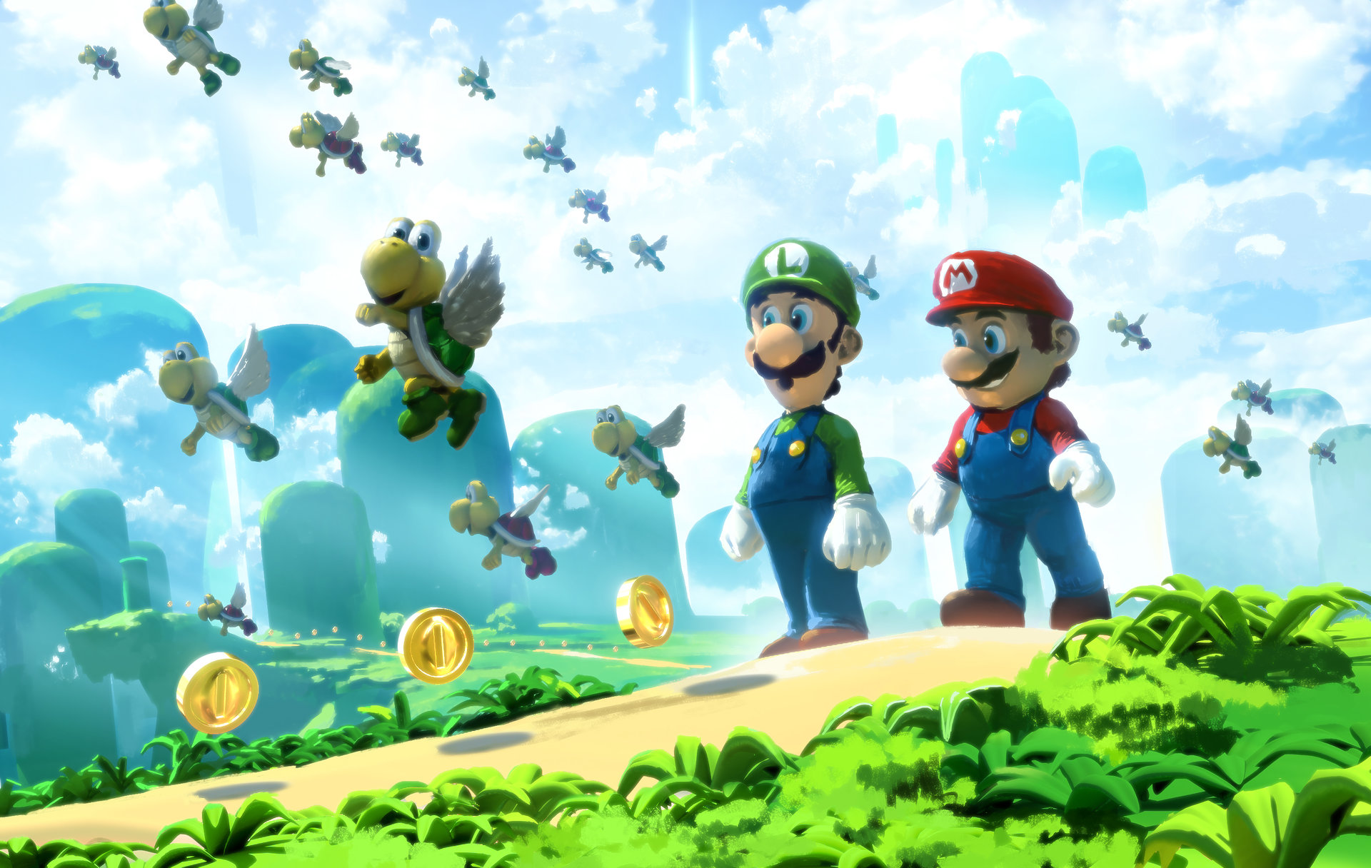 Mario and Luigi with Koopa Paratroopas HD Wallpaper