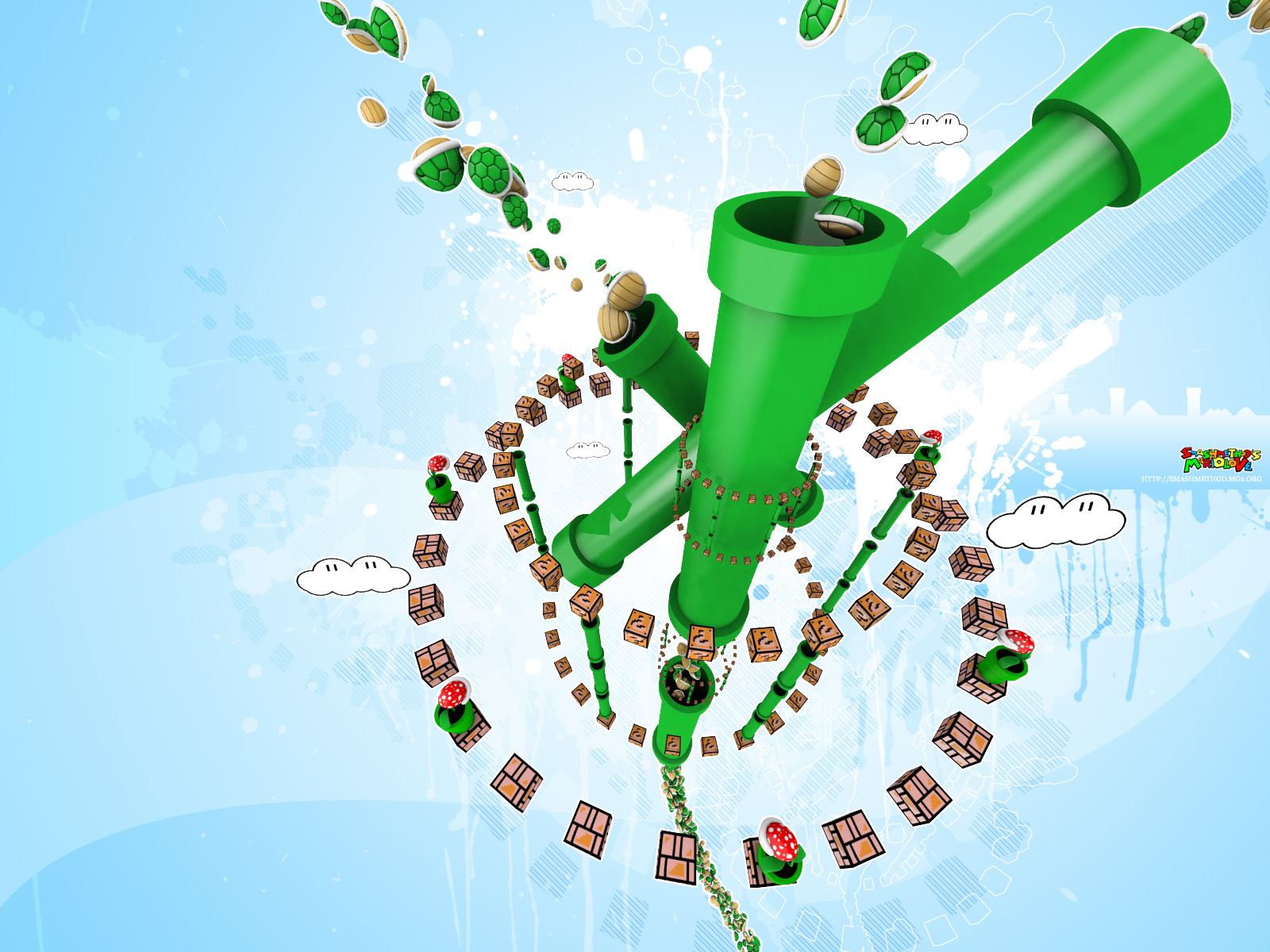 Mario elements with green pipes and turtles HD Wallpaper