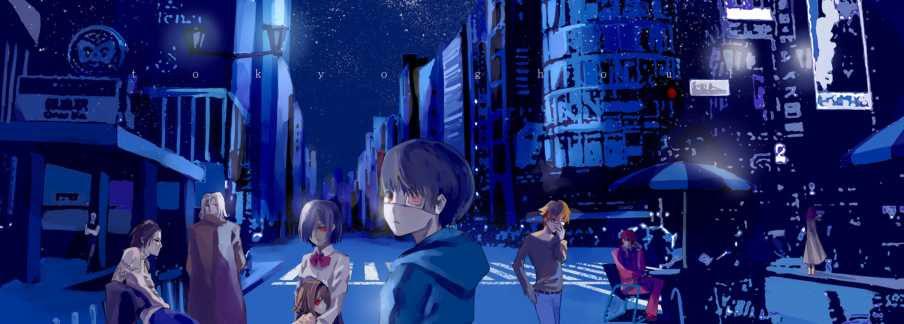 Touka Kirishima and friends in a city at night HD Wallpaper