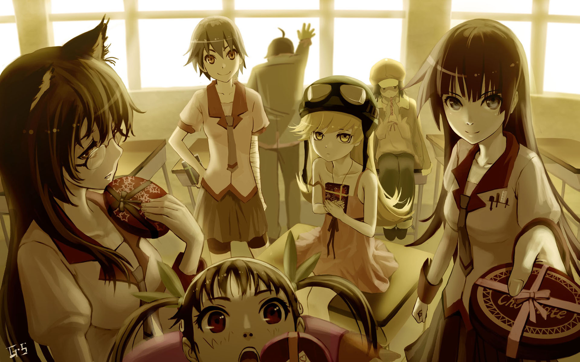 Hitagi Senjougahara and friends in a classroom HD Wallpaper