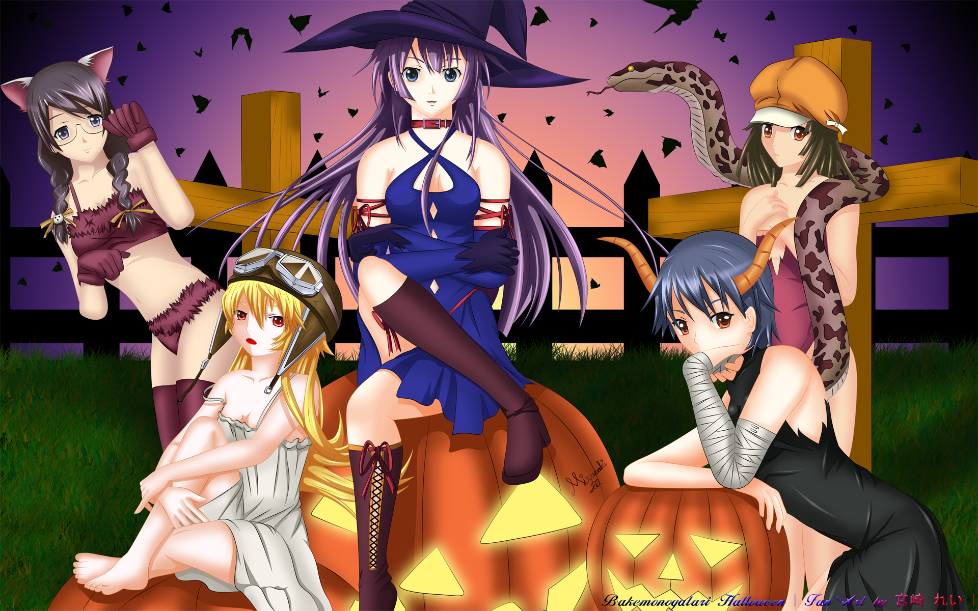 Anime girls in Halloween costumes with pumpkins HD Wallpaper