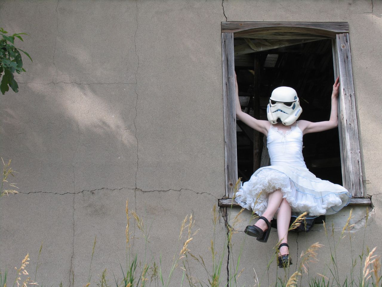 Stormtrooper in a white dress sitting in a window HD Wallpaper