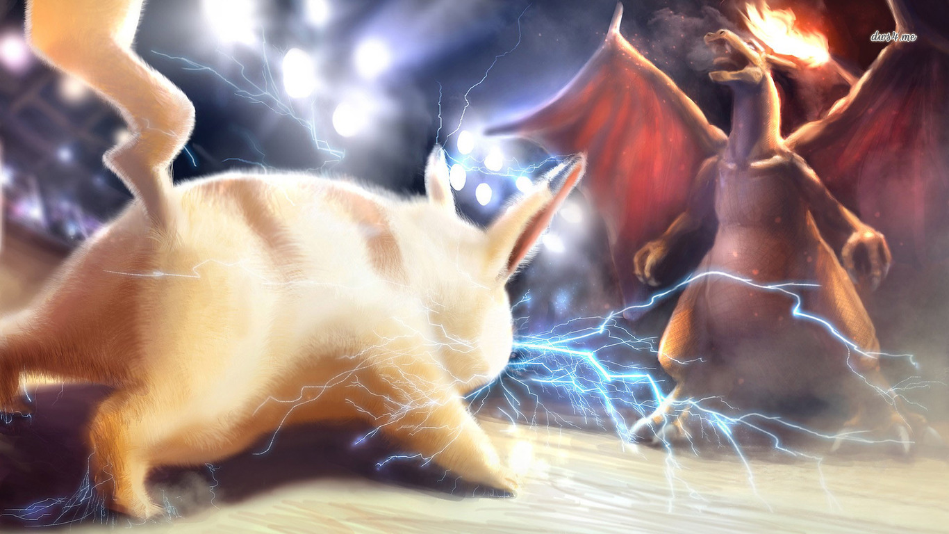 Pikachu and Charizard battling with lightning and fire HD Wallpaper