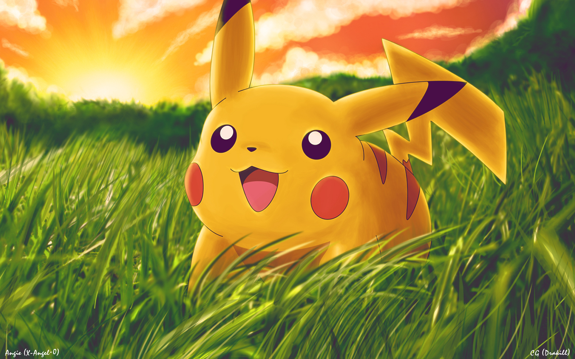 Pikachu in a grassy field at sunset HD Wallpaper