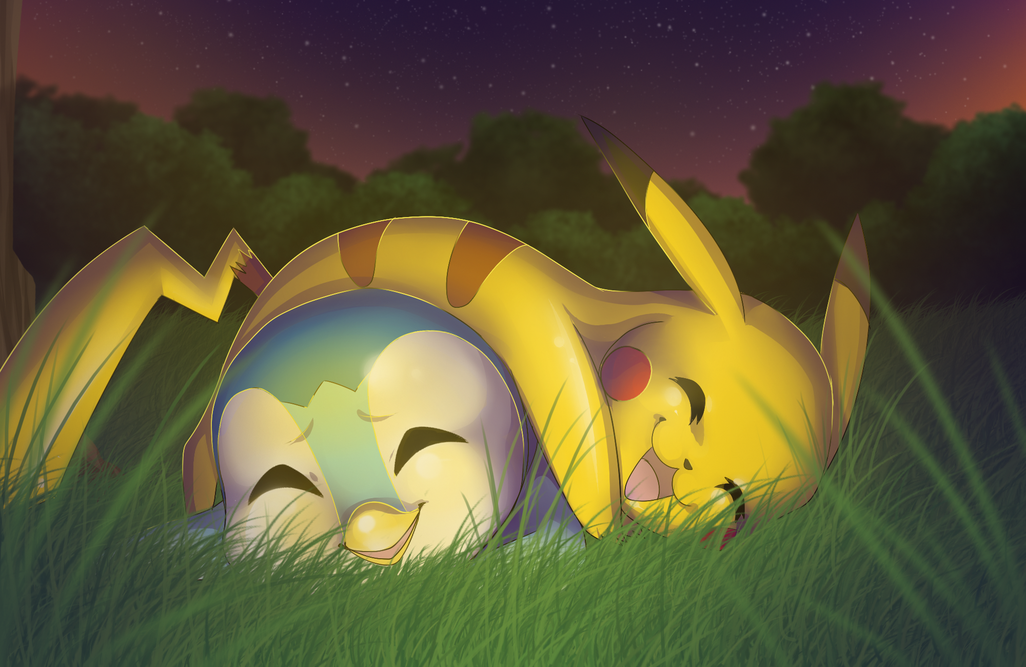 Pikachu and Piplup sleeping in grass HD Wallpaper