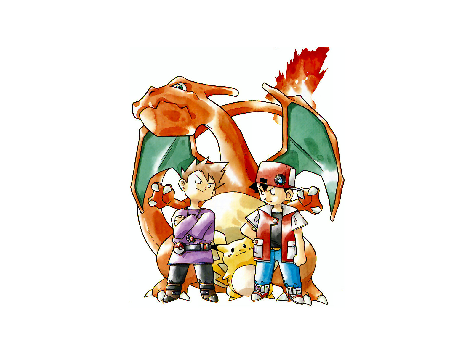 Red and Blue with Charizard and Pikachu from Pokemon HD Wallpaper