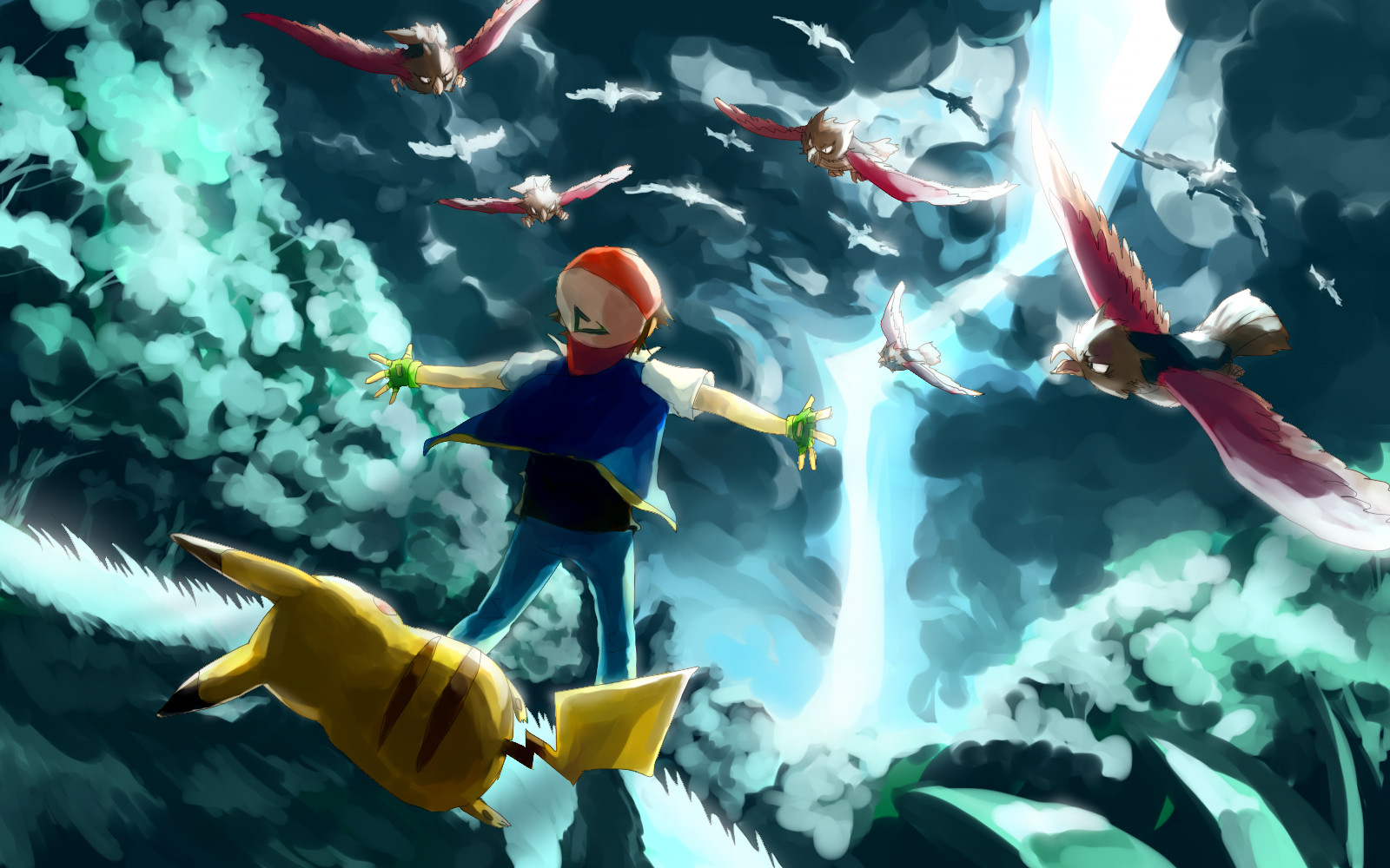 Ash and Pikachu with Pidgey flock HD Wallpaper