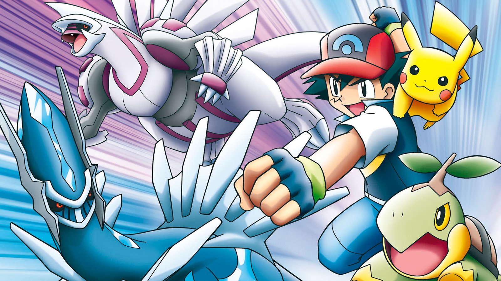 Ash and Pikachu with Dialga and Palkia from Pokémon HD Wallpaper